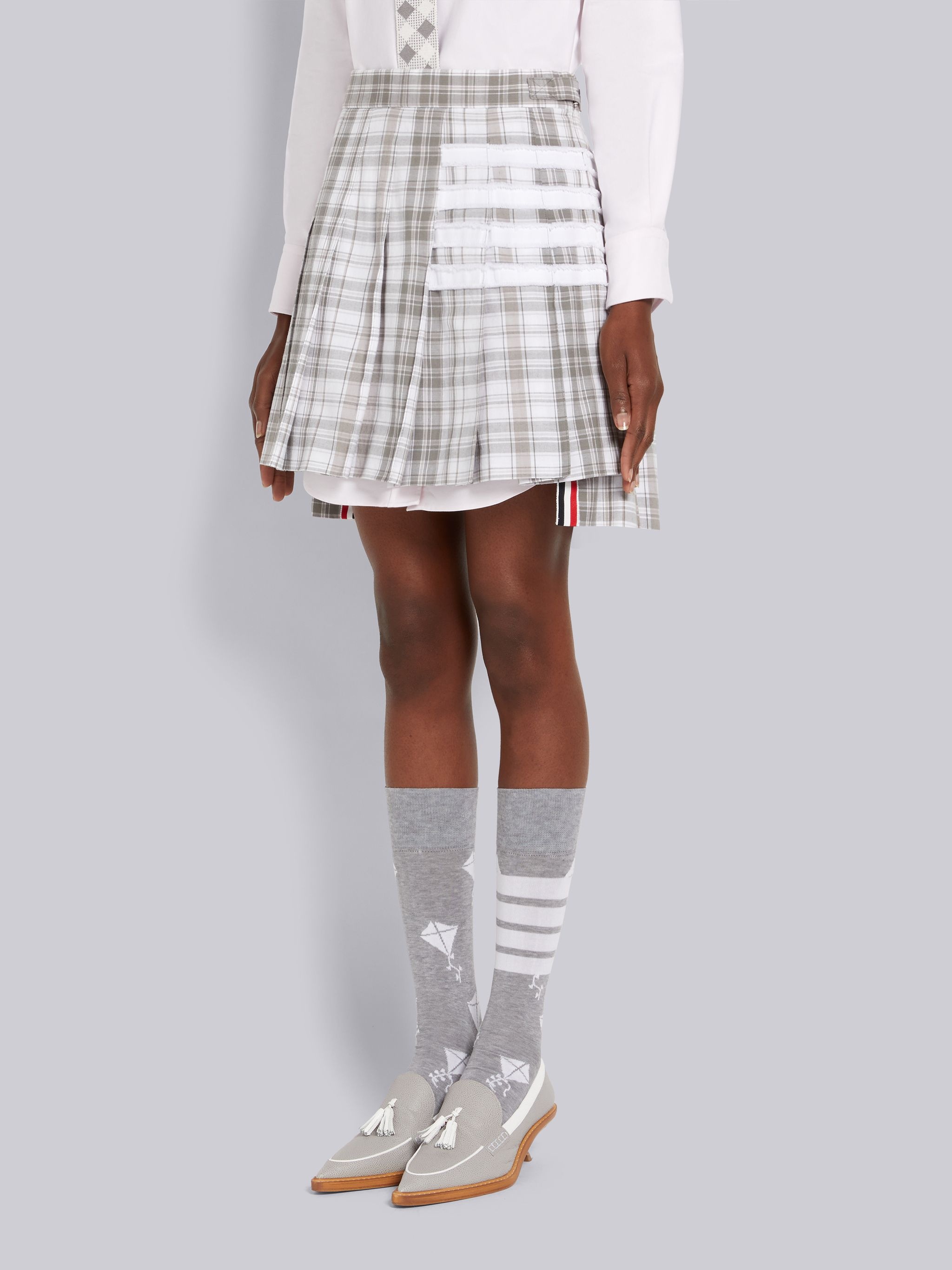 Medium Grey Stripe Plaid Oxford 4-Bar Dropped Back Pleated Mini Skirt - 2