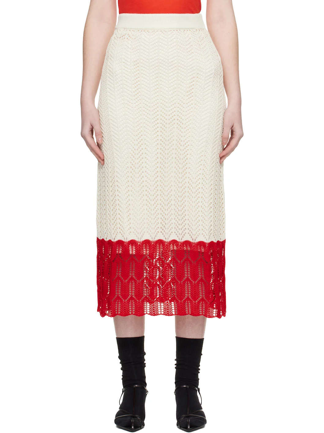 Off-White & Red Bicolor Lace Midi Skirt - 1