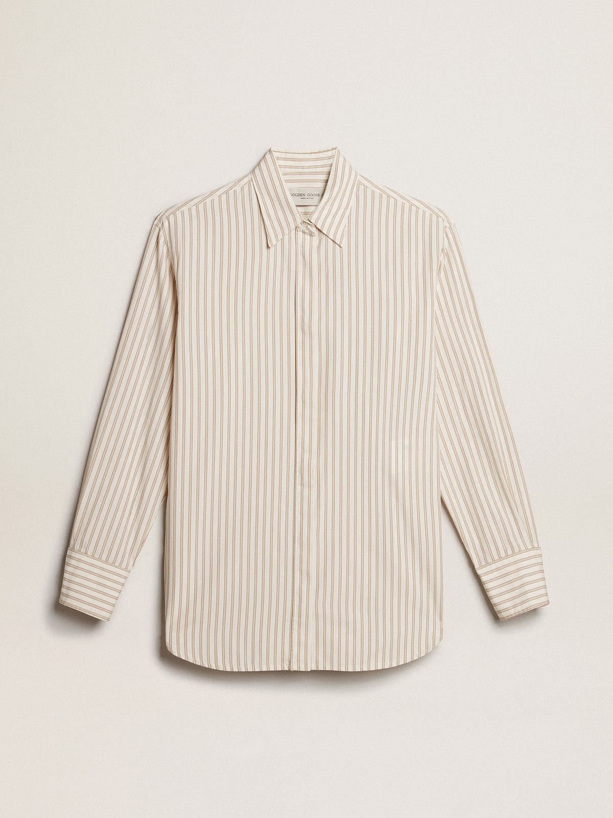 Women’s white cotton shirt with beige stripes - 1
