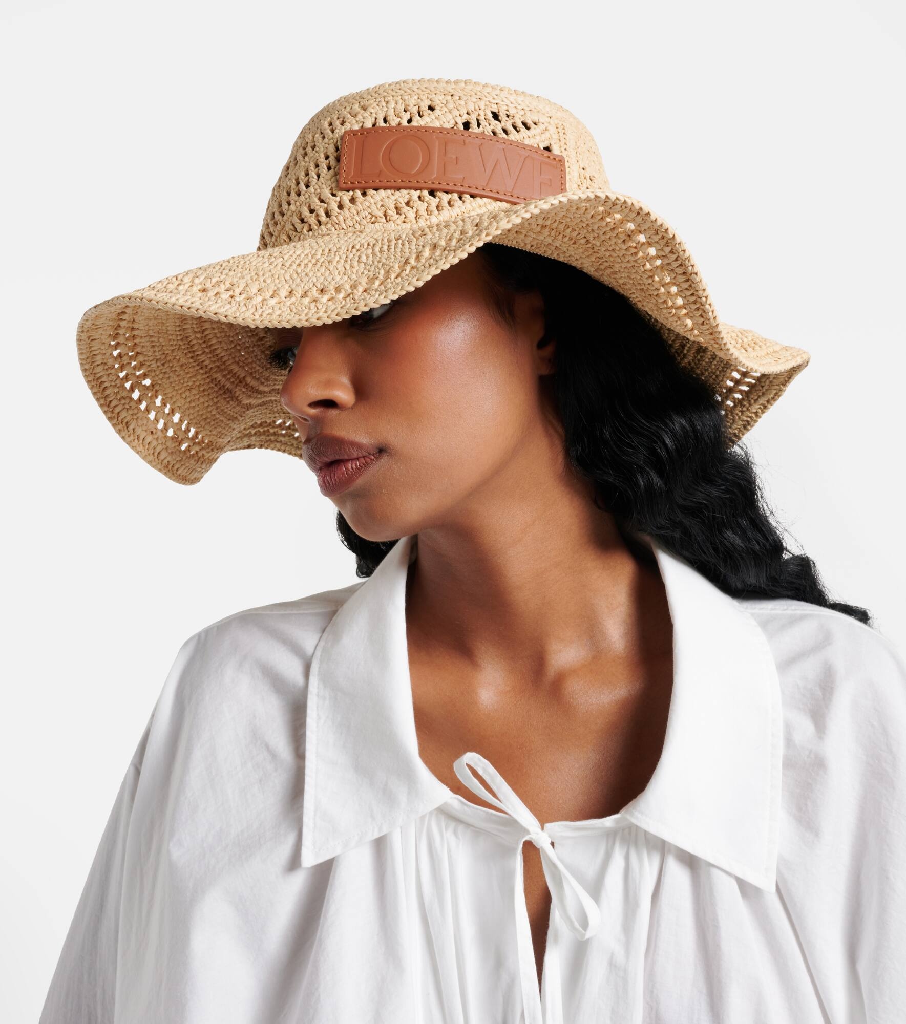 Logo leather-trimmed raffia boater hat - 2
