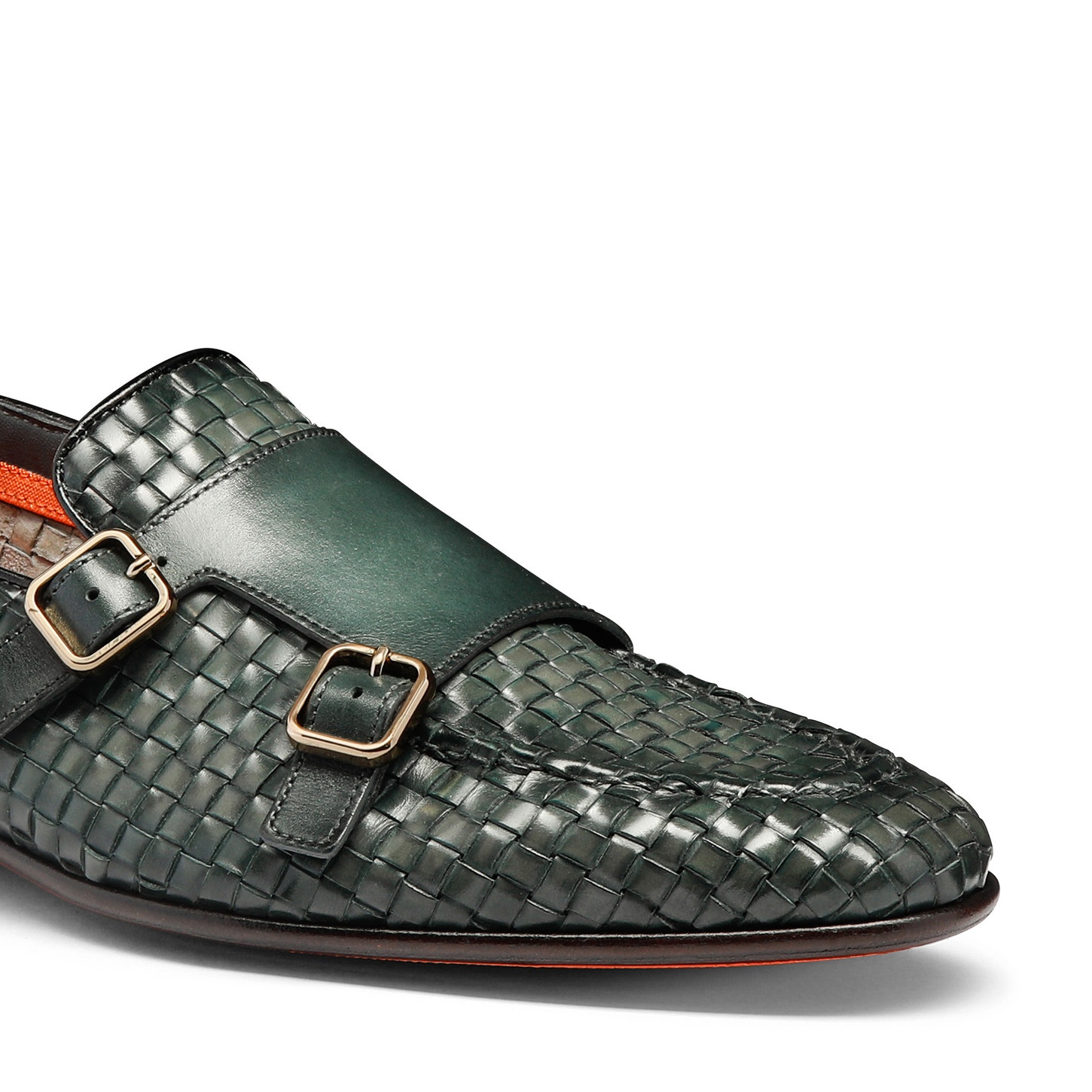 Men's green woven leather double-buckle loafer - 6