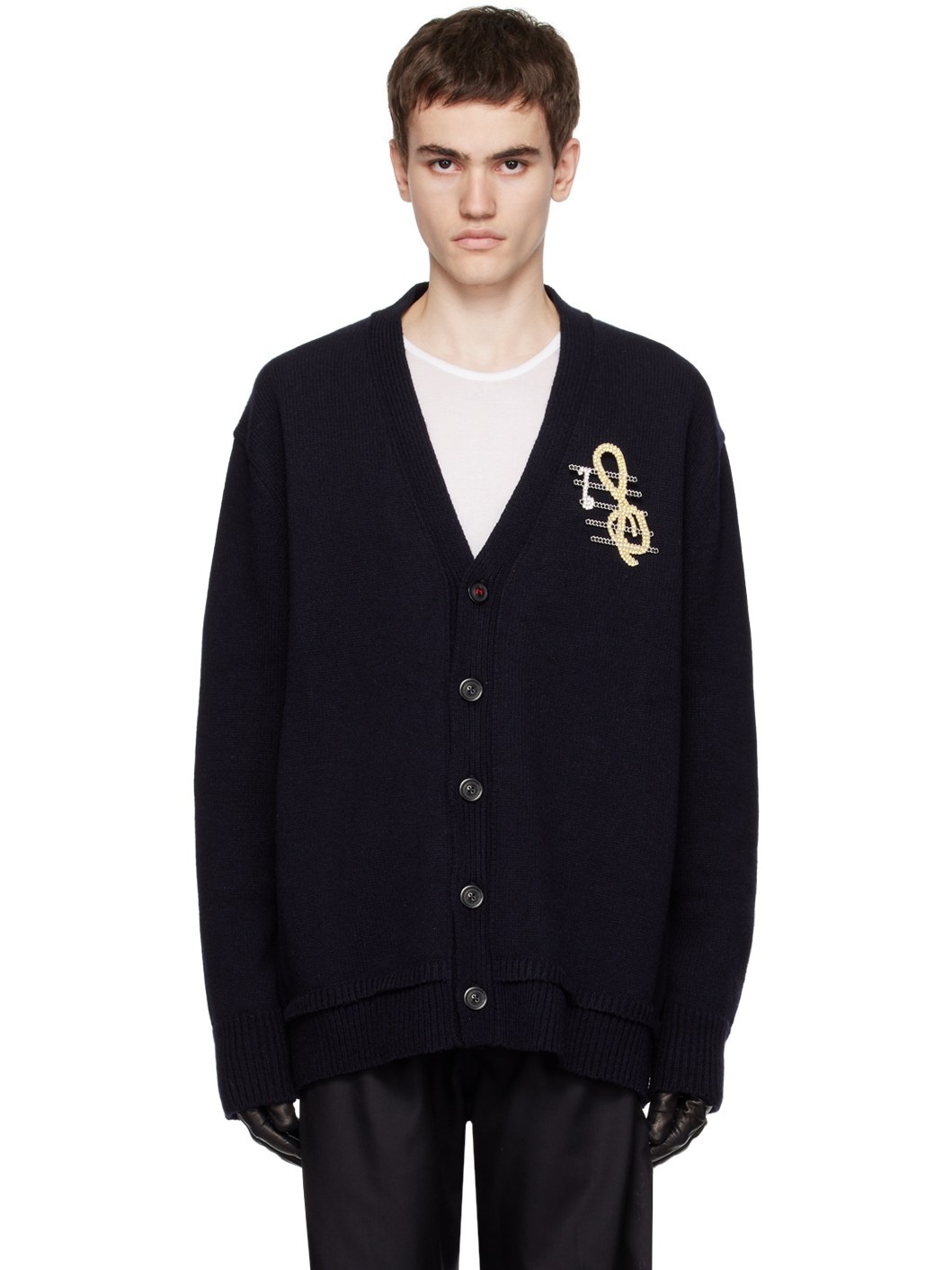 Maison Margiela Navy Elbow Patch Cardigan | REVERSIBLE