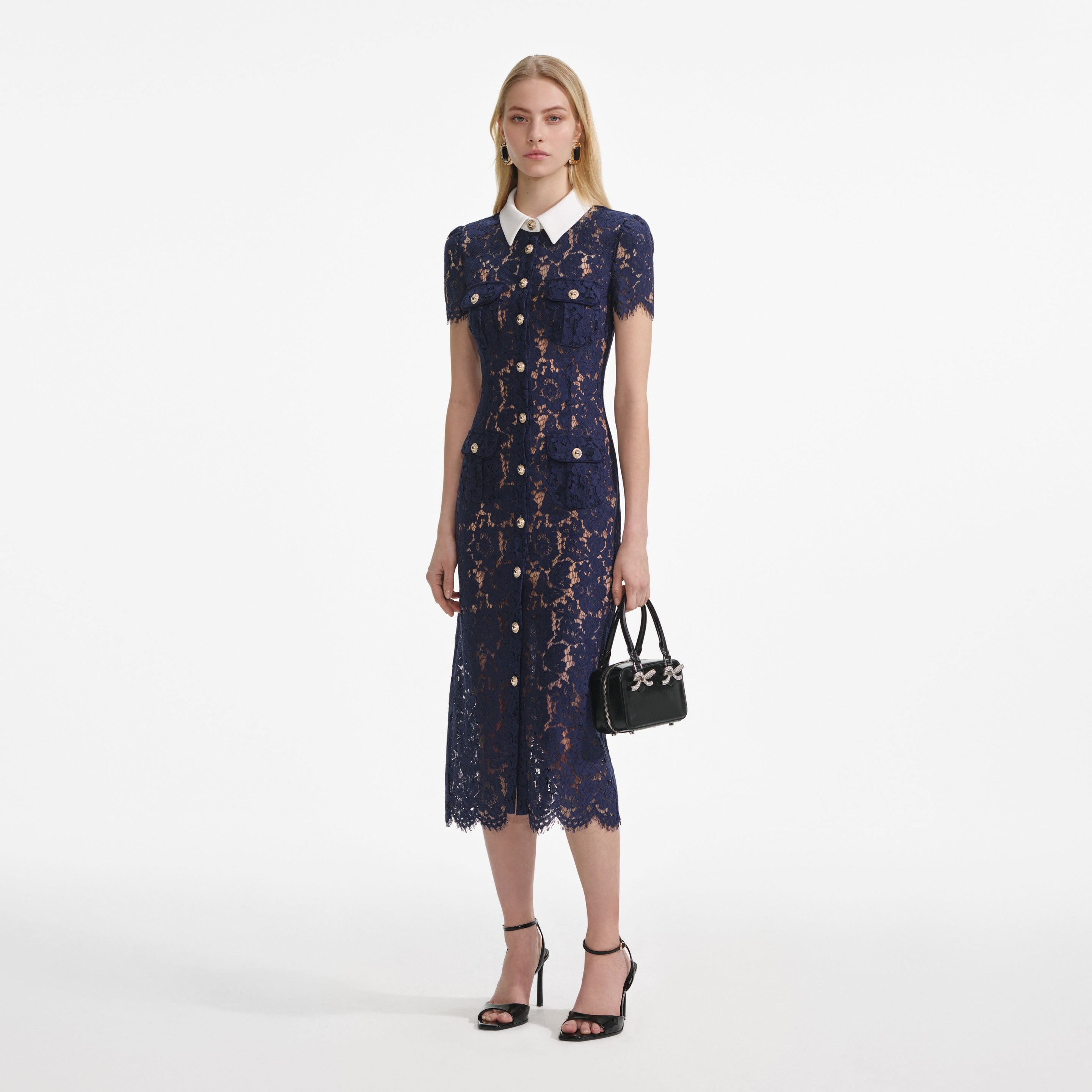 Navy Lace Contrast Collar Midi Dress - 2