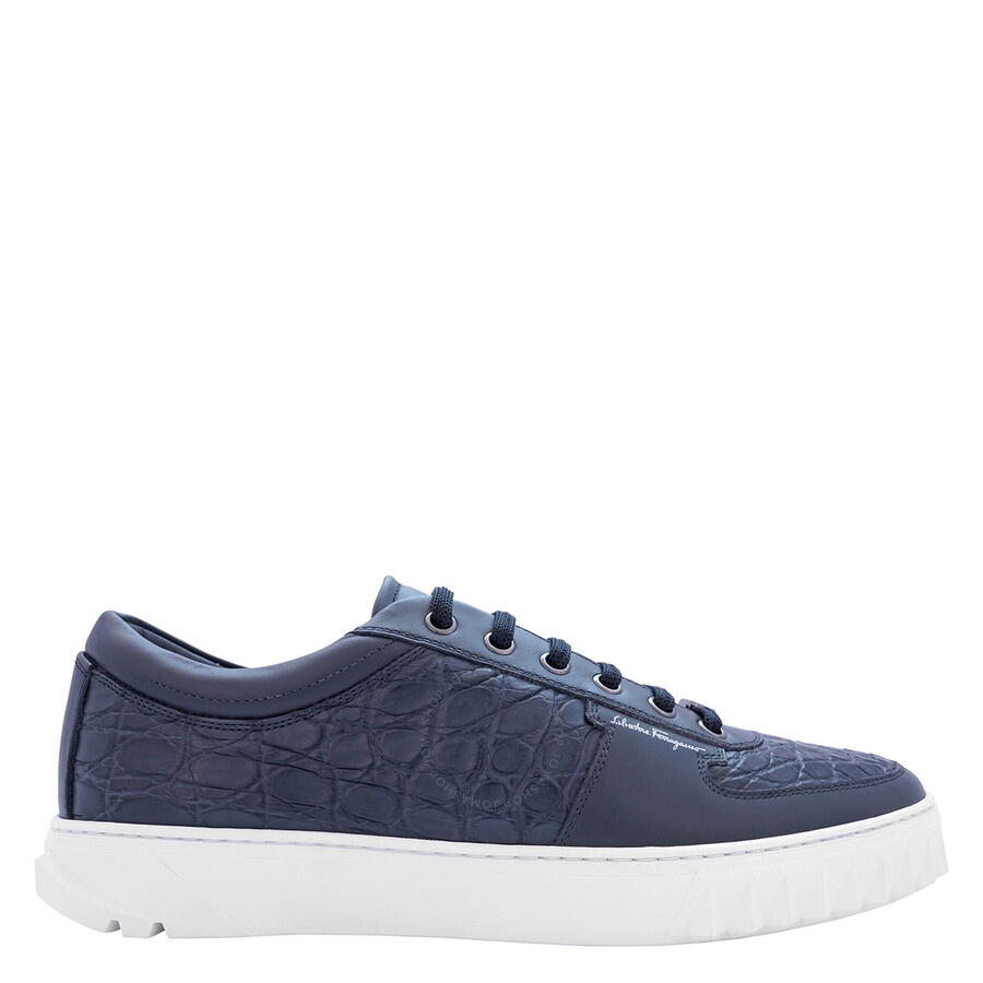 Salvatore Ferragamo Men's Scuby Blue Marine Croco Leather Low-top Sneakers - 1
