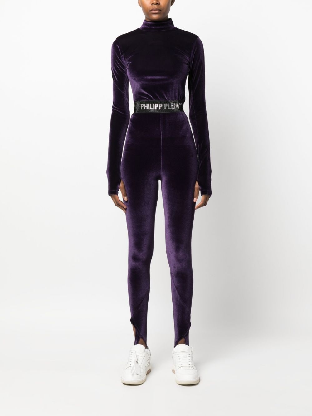 logo-underband velvet leggings - 2