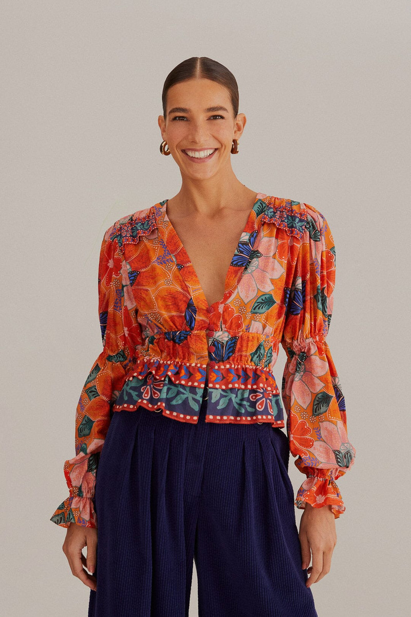 Orange Marias Floral Long Sleeve Blouse 1