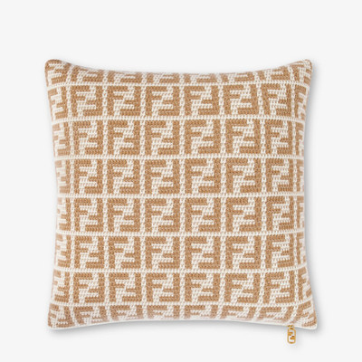 FENDI Two-tone soft cashmere square cushion with FF motif in natural tones of beige and white. Intent on c outlook