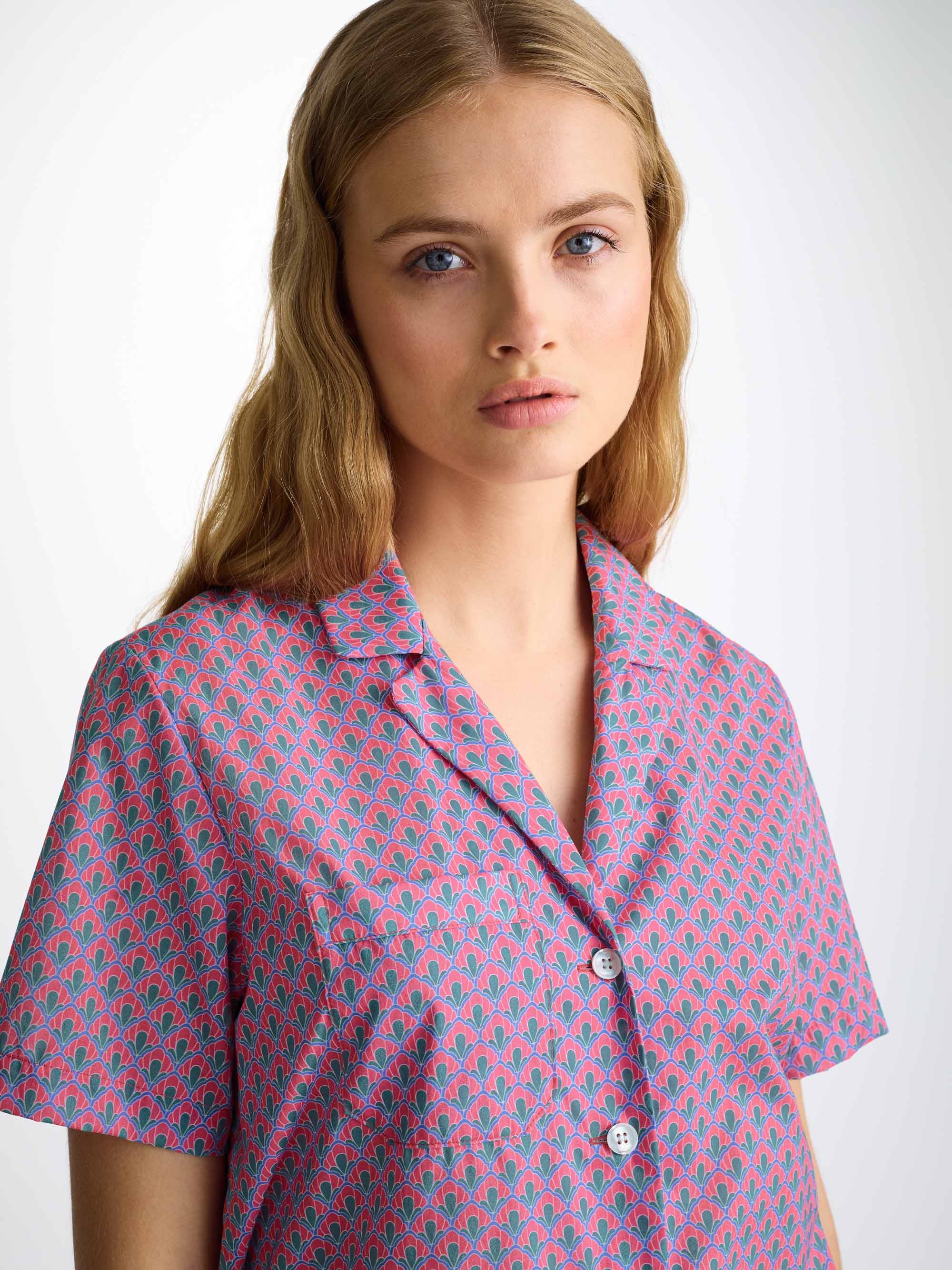 Women's Short Pajamas Cotton Batiste Flamingo Pink Scalloped Leaf Print - 5