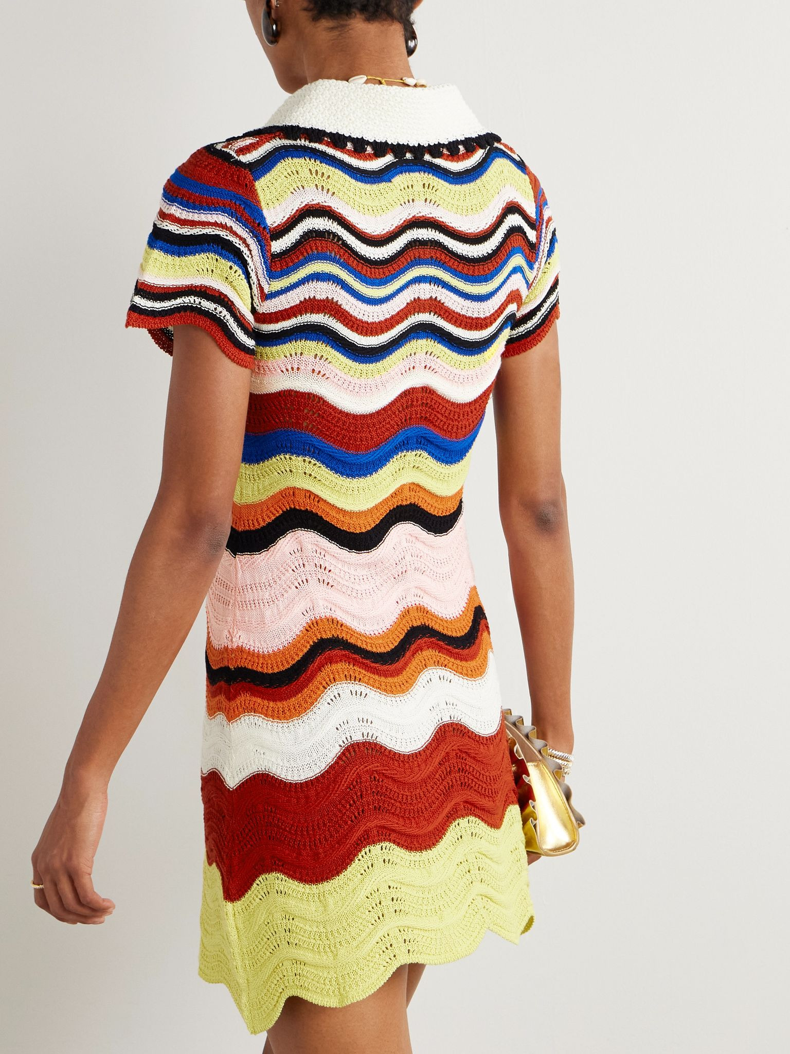 Scalloped striped pointelle-knit cotton mini dress Multi - 3