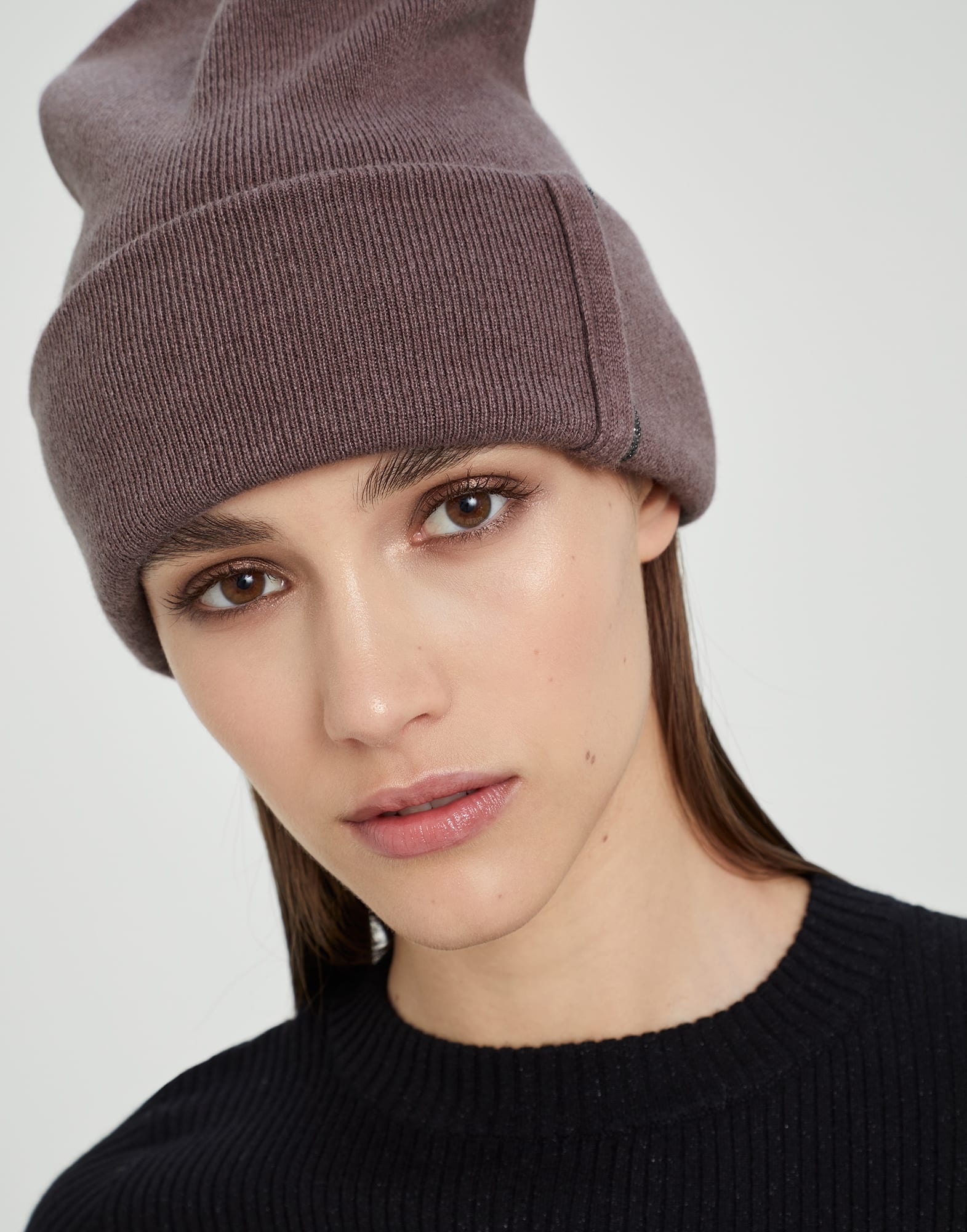 Cashmere rib knit beanie with monili - 3