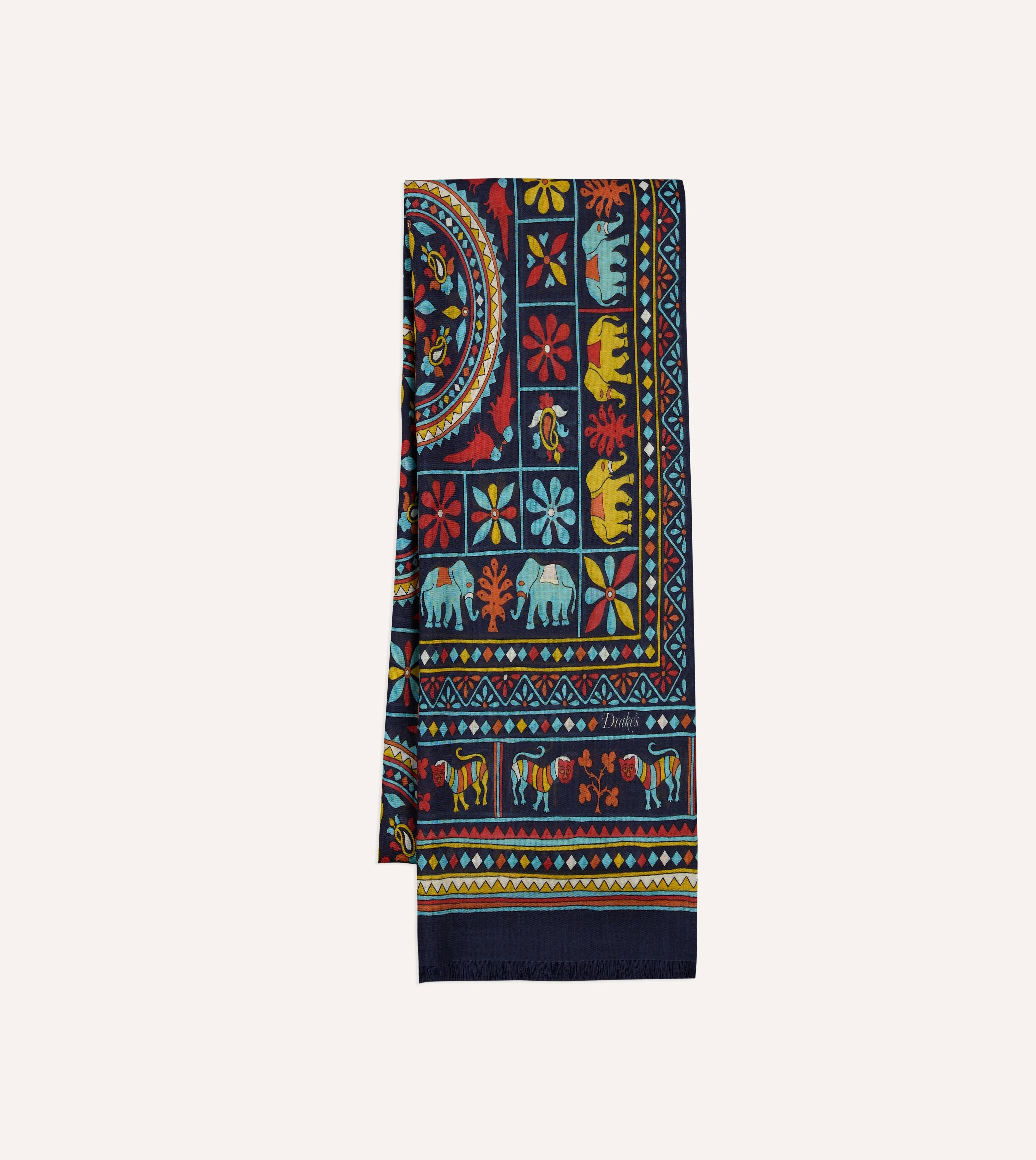 Navy Elephants and Flowers Print Wool-Silk Scarf - 1