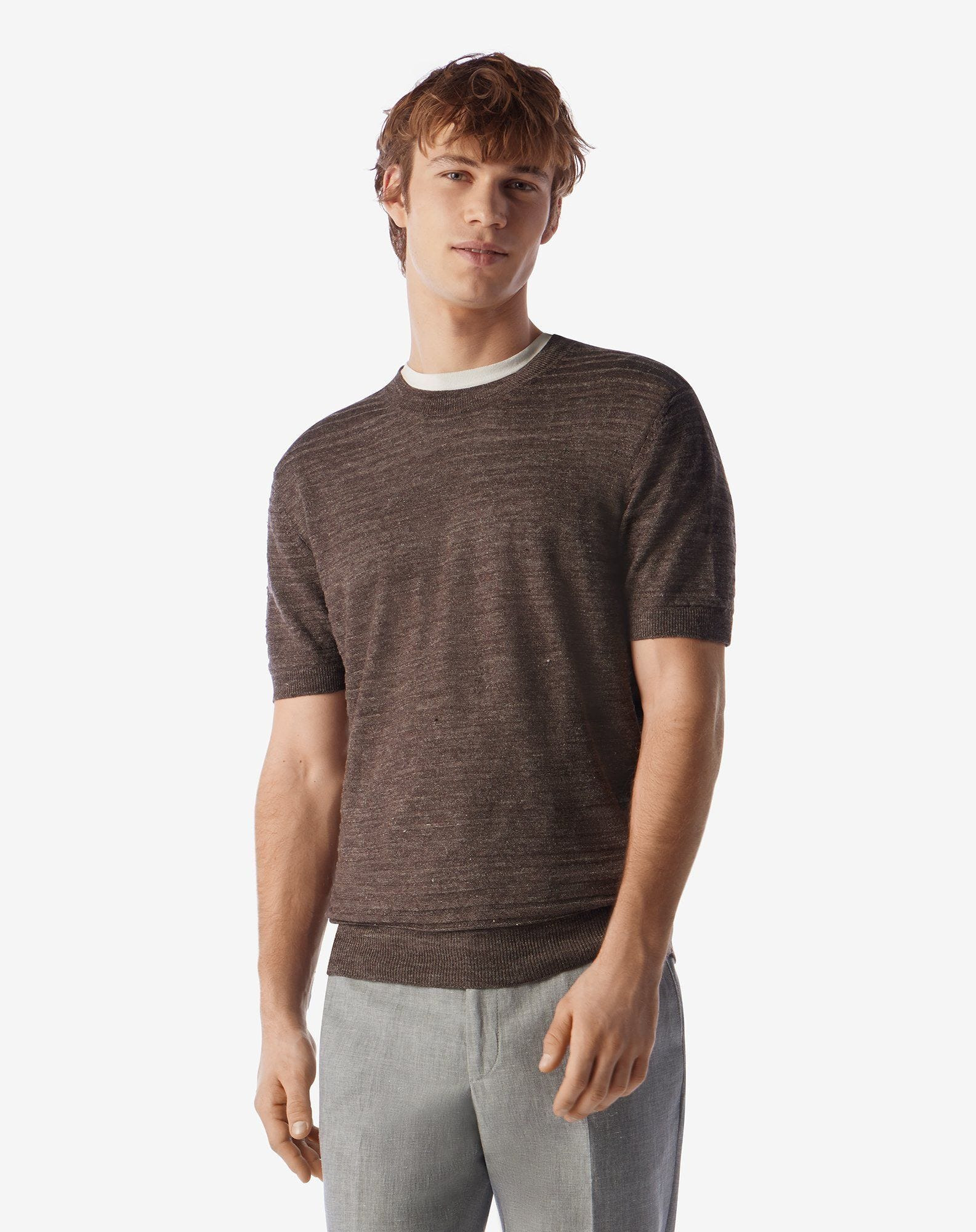Brown crew neck linen and silk knitwear - 2