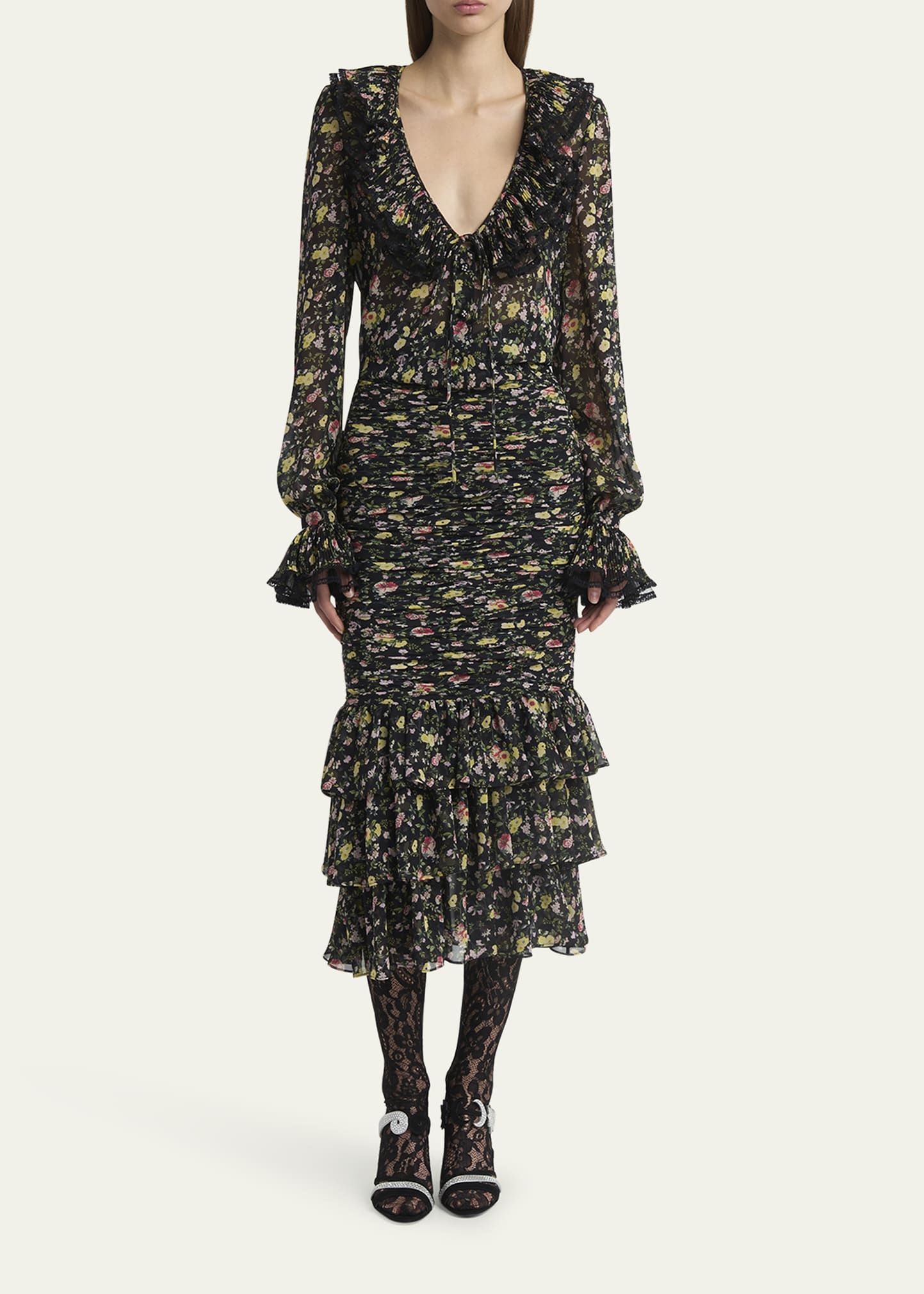 Ruched Flower Print Midi Skirt With Ruffle Hem - 2