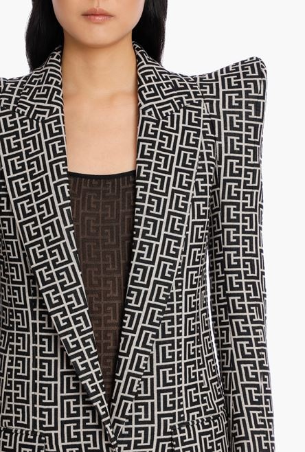 Long  bicolor jacquard one-button blazer with Balmain monogram - 6