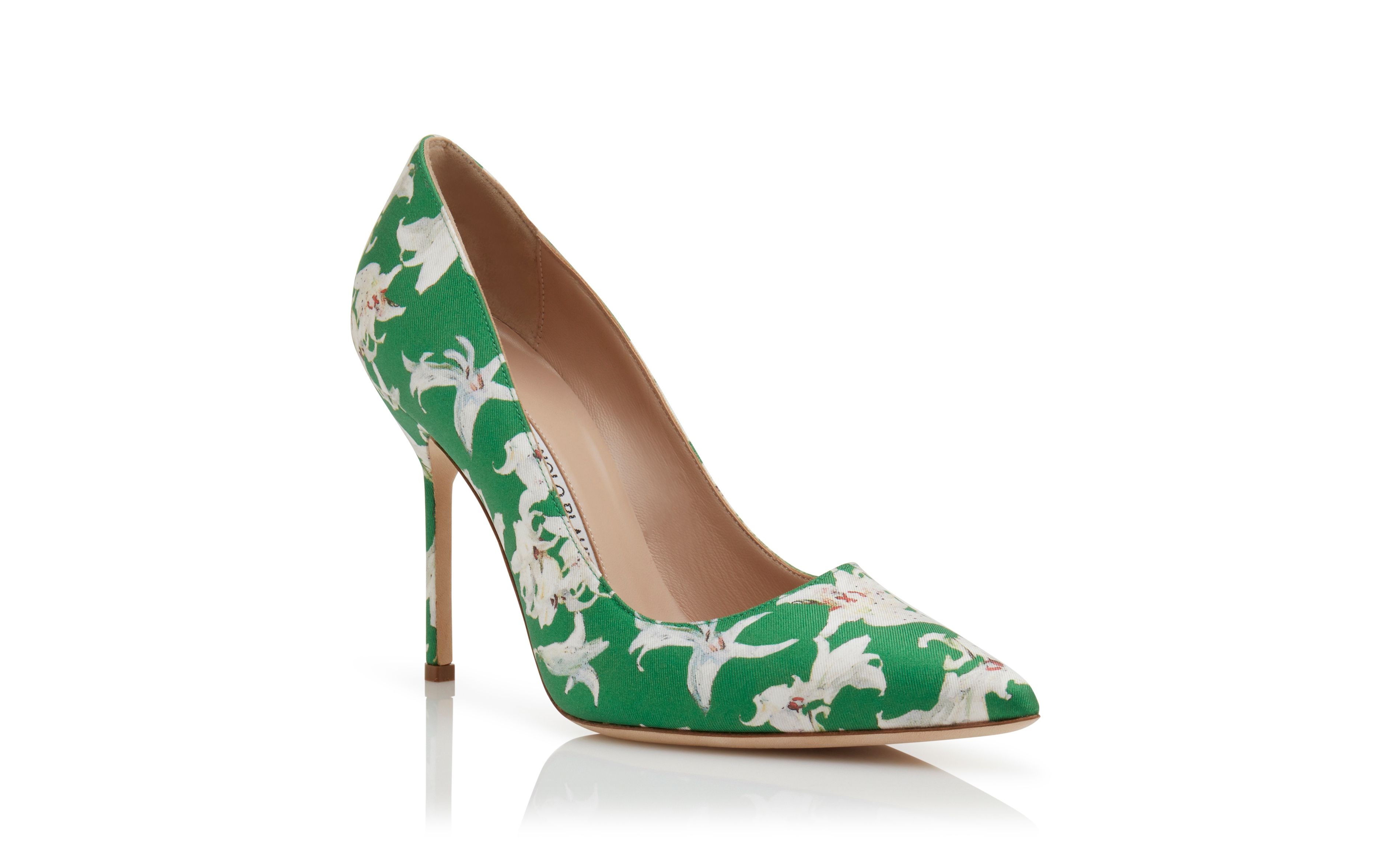 Green Silk Floral Print Pumps - 3