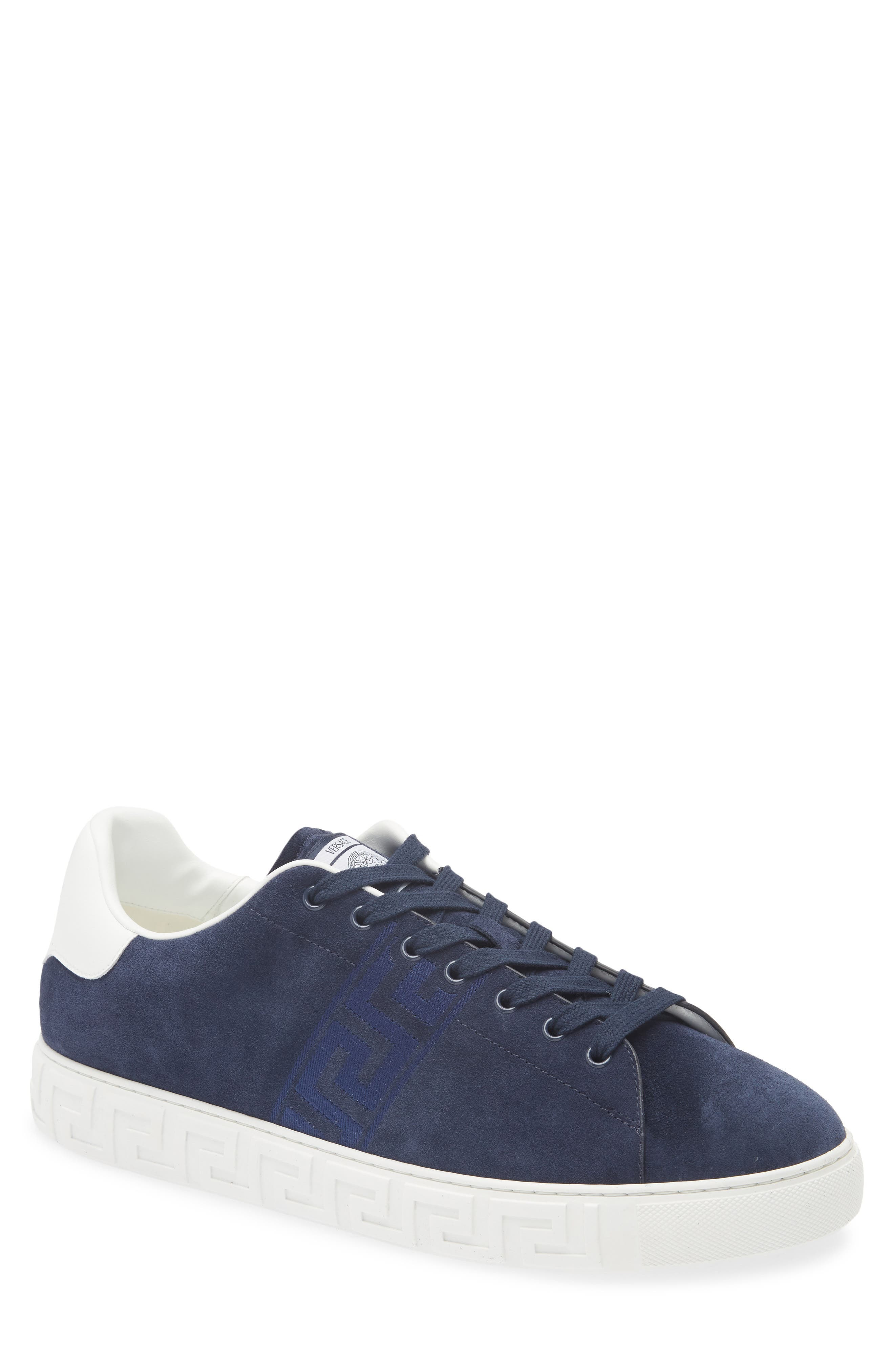 Versace Greca Suede Low Top Sneaker in Navy White at Nordstrom - 1