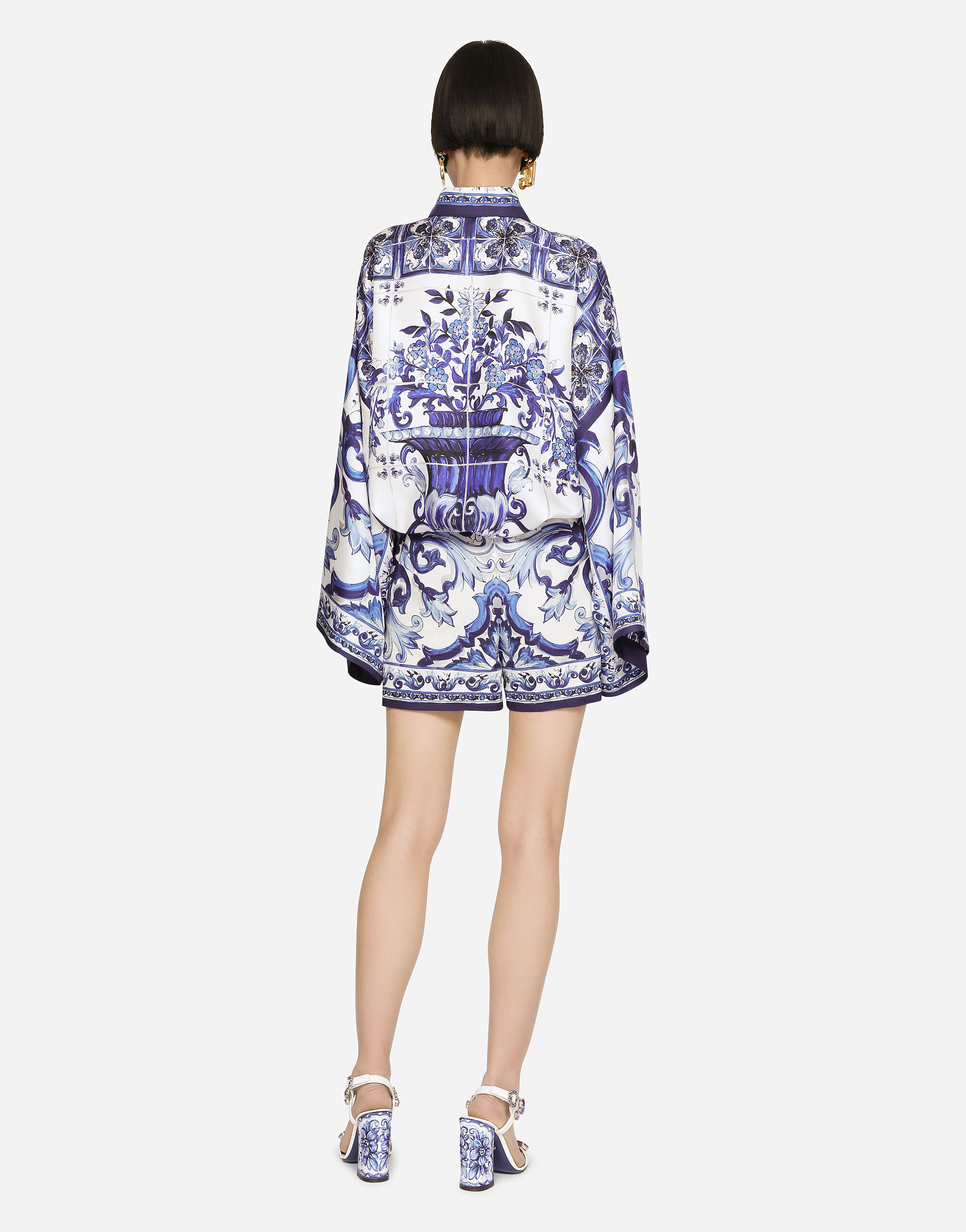 Majolica-print twill shirt with slits - 4
