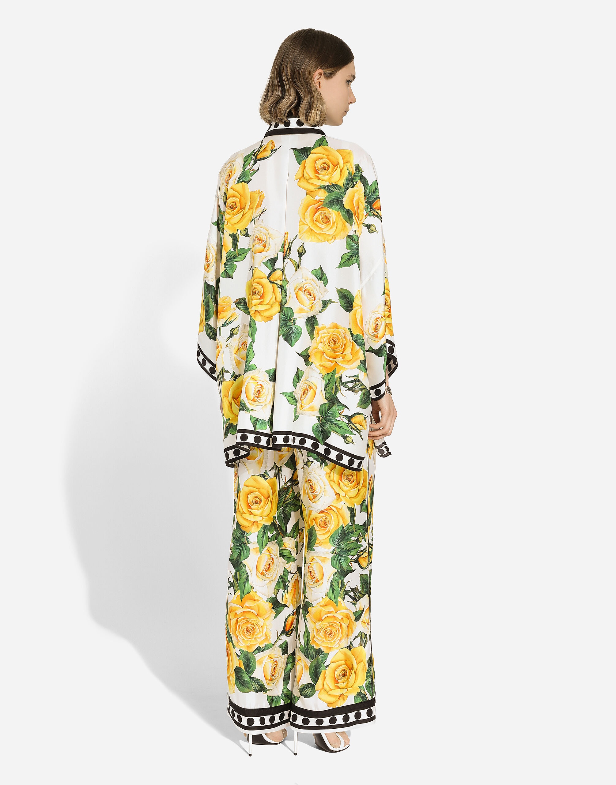 Silk pajama pants with rose print yellow - 3