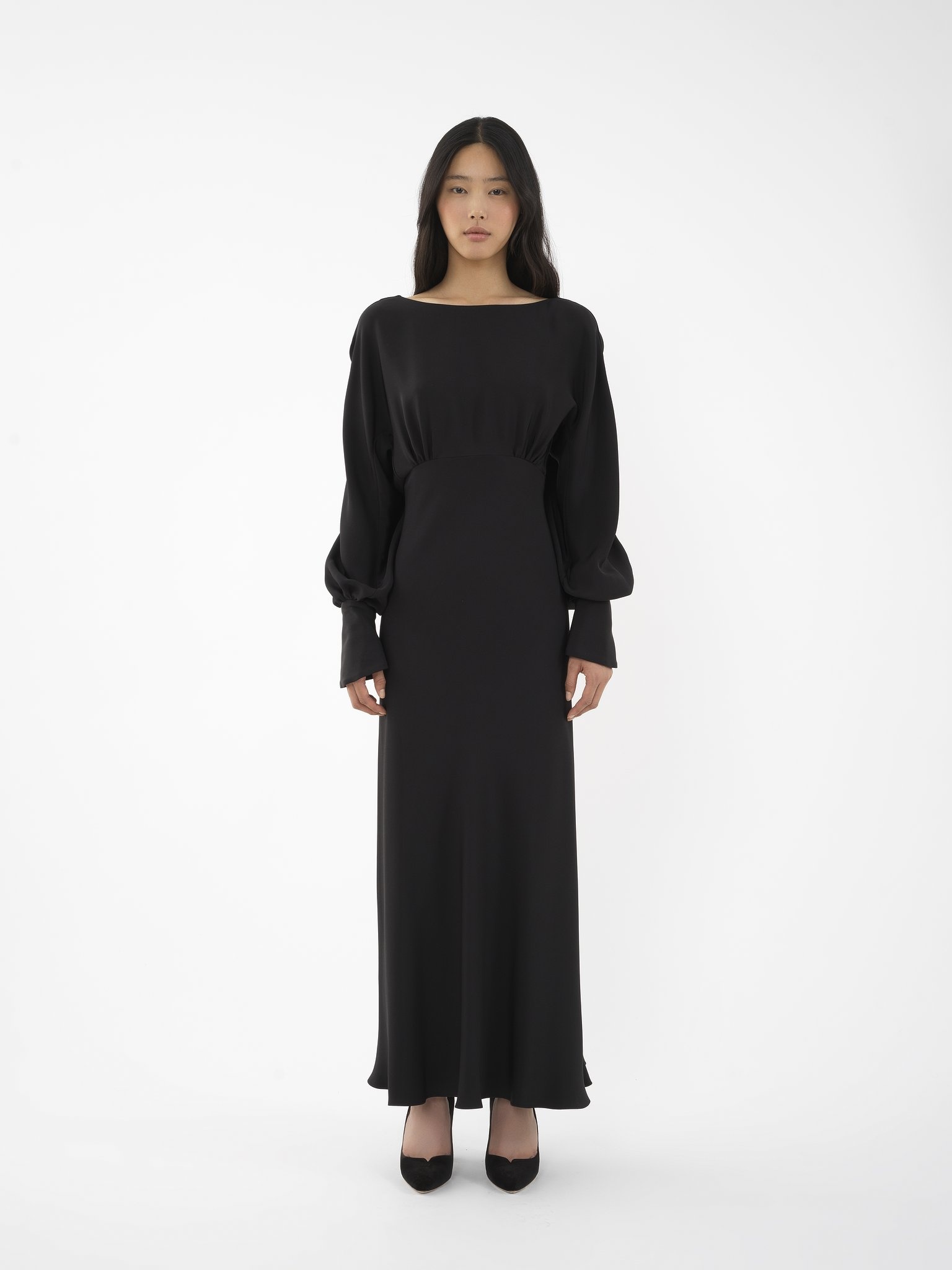 BOAT-NECK LONG FLARED DRESS - 3