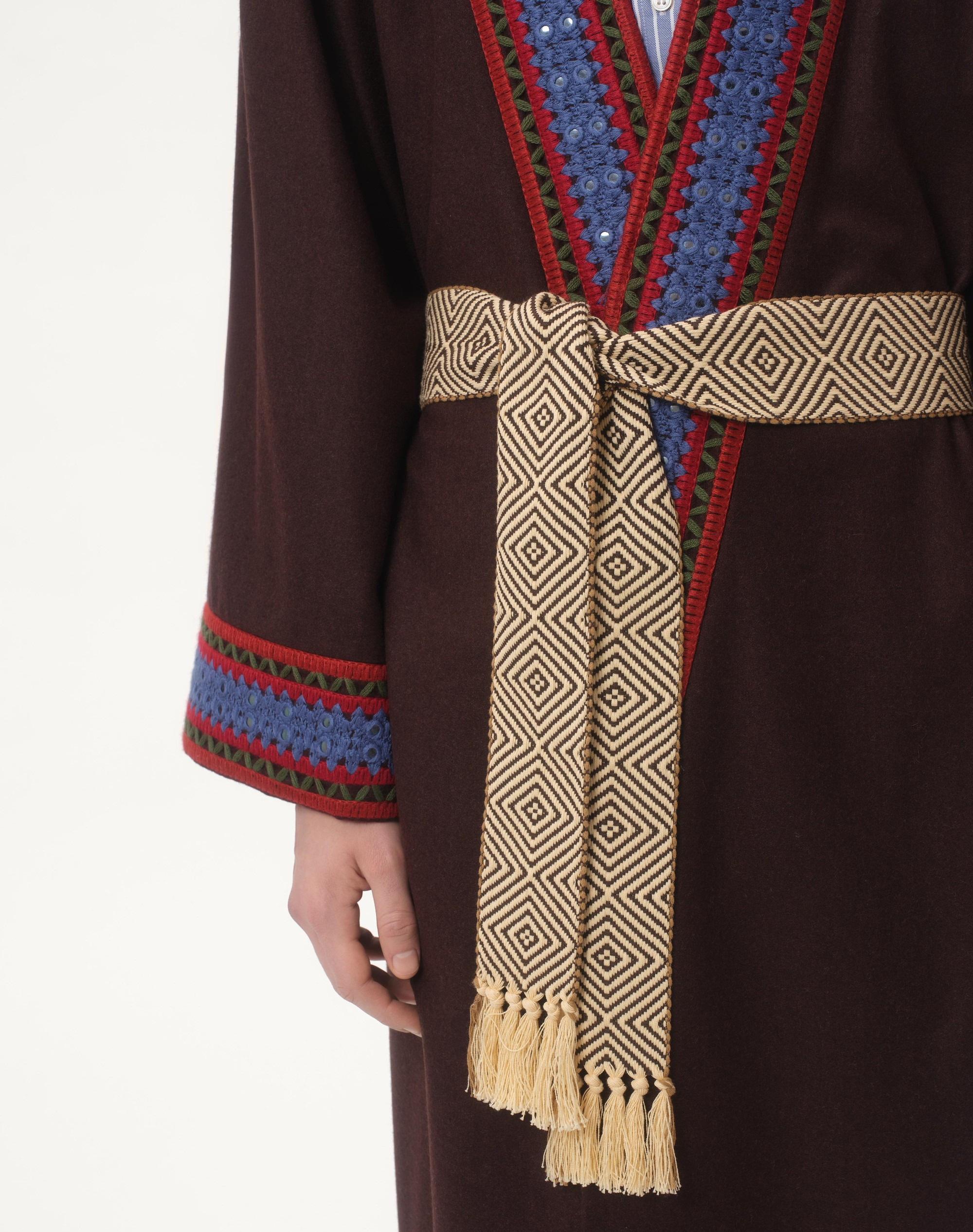 WOOL FLANNEL ROBE COAT WITH JACQUARD BELT - 5