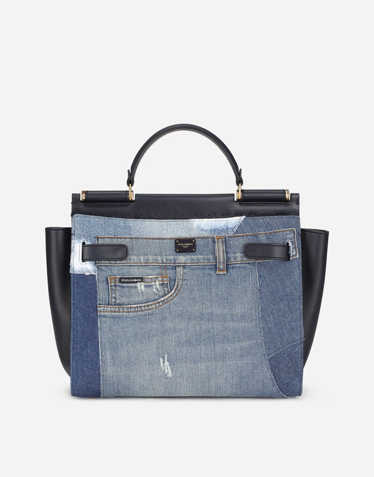 Large Sicily 62 soft bag in patchwork denim and calfskin - 1