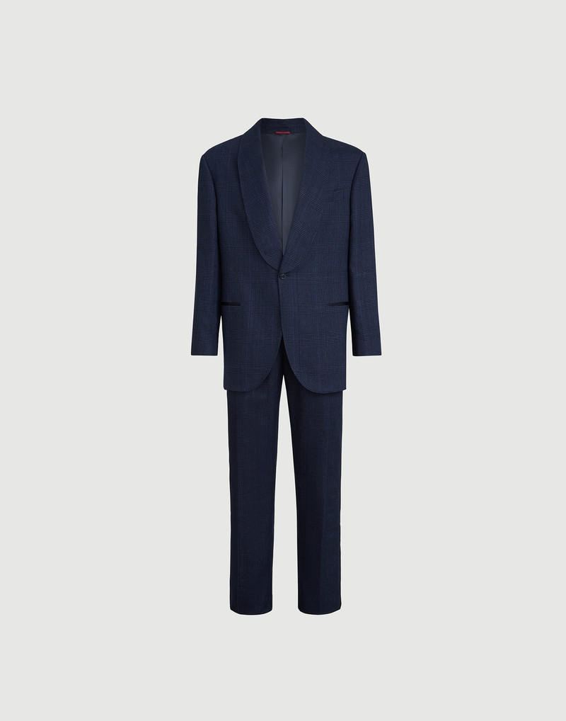 Cotton and linen Prince of Wales tuxedo with shawl lapel jacket and trousers with double pleats and 1