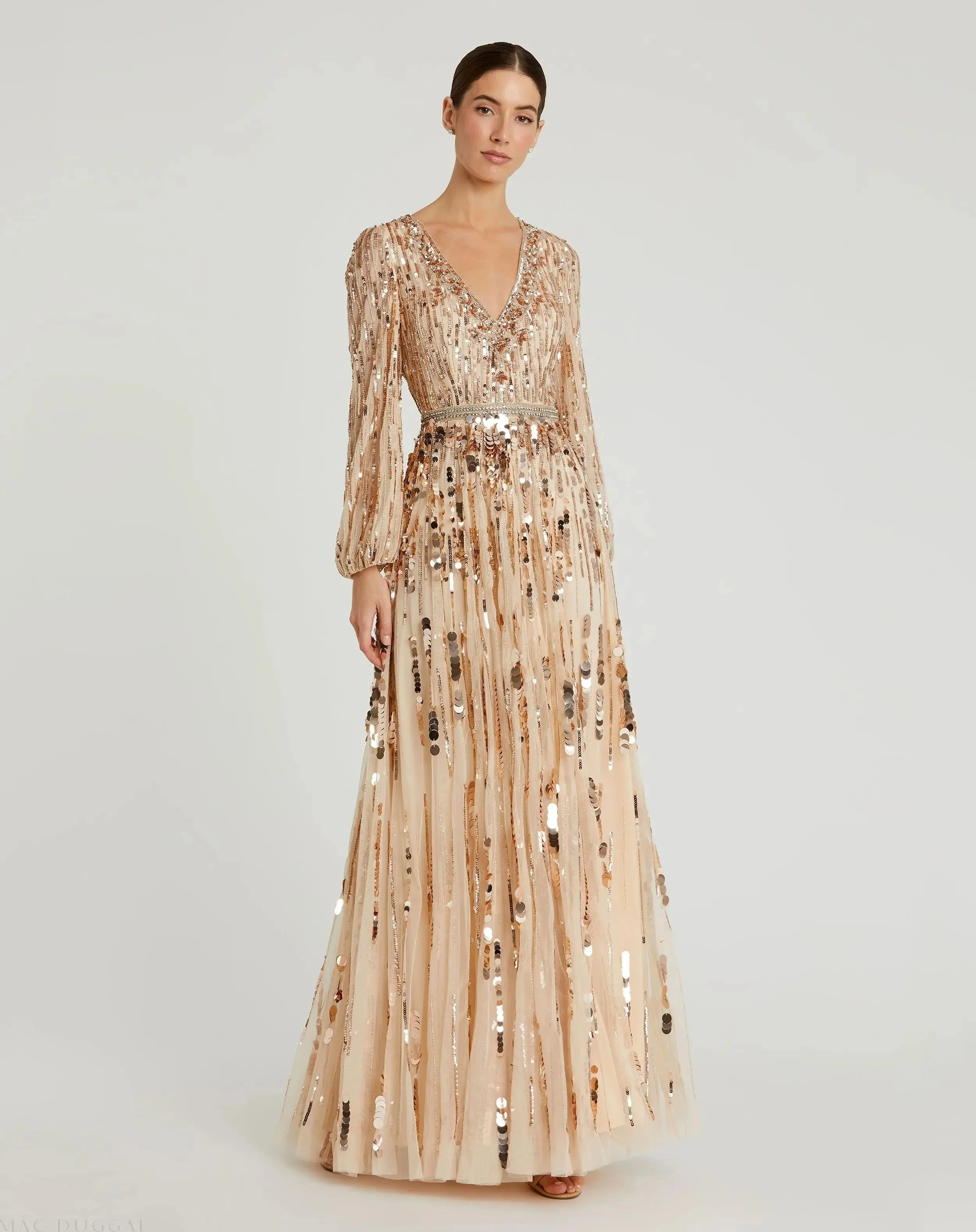 Beige Embellished Mesh Long Sleeve V Neck Gown - 1