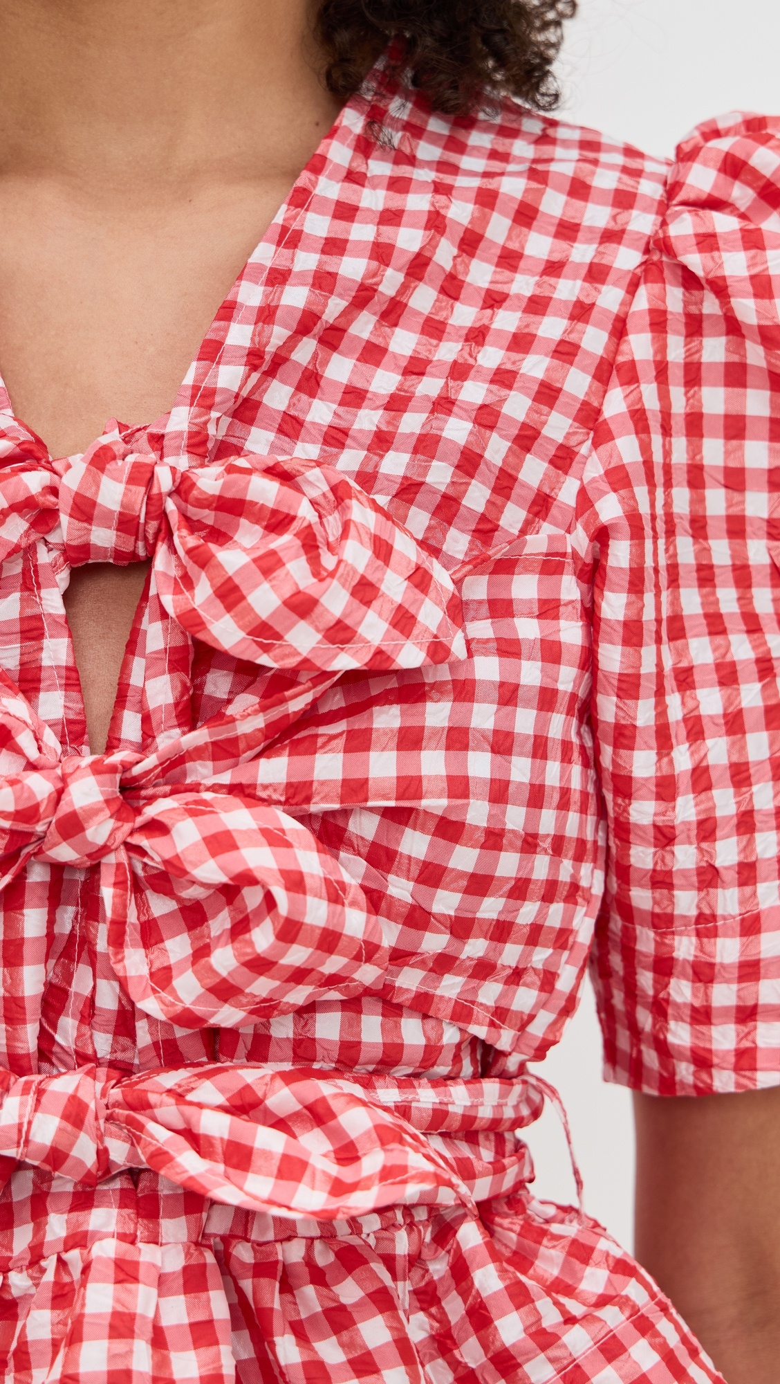 Crinkled Taffeta Check Tie Strap Blouse - 5