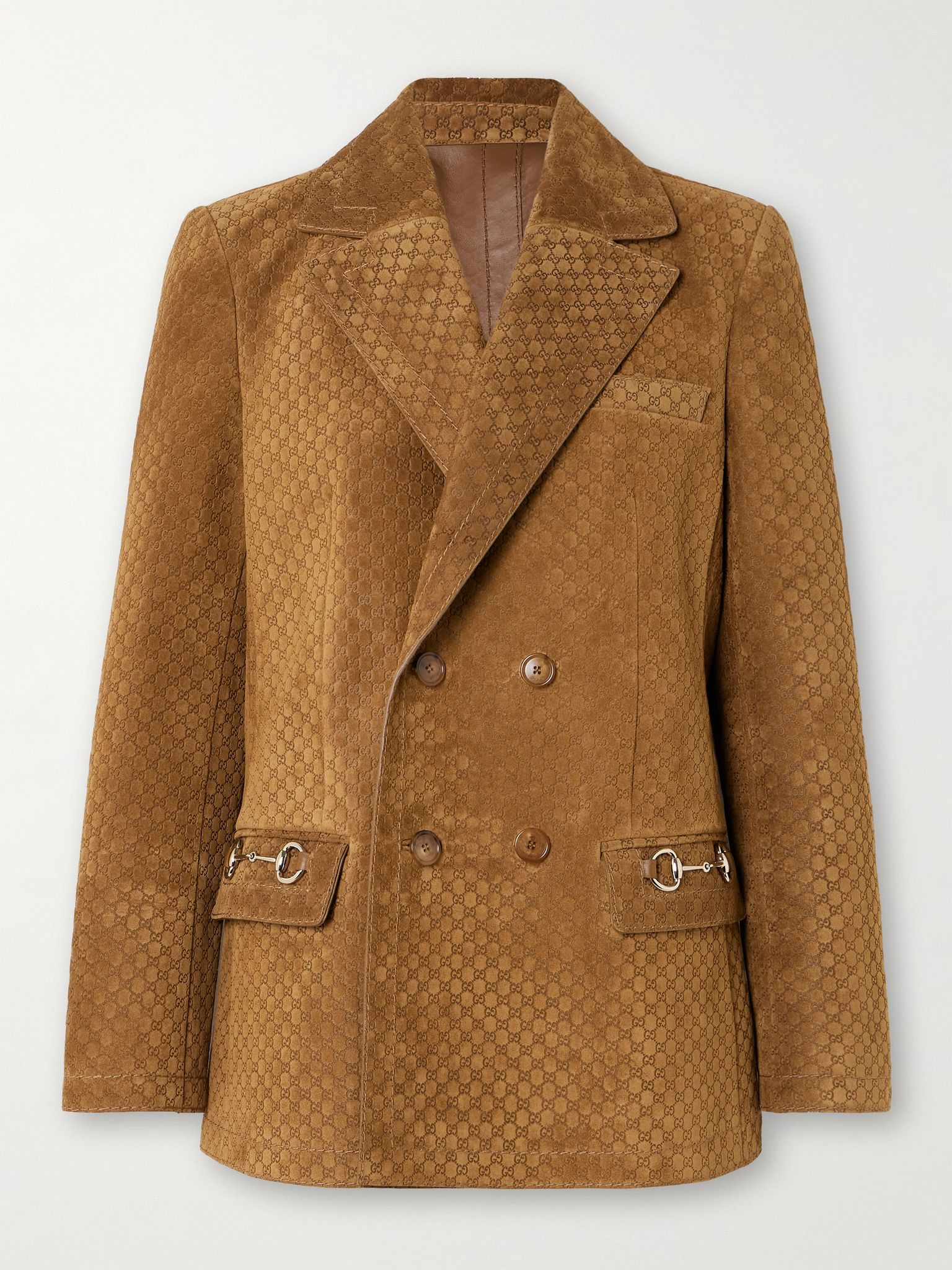 Double-breasted horsebit-detailed debossed suede blazer Brown - 1