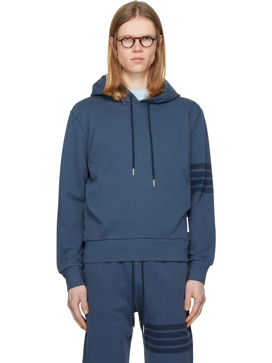 Blue Solid Loopback Overdyed 4-Bar Hoodie - 1