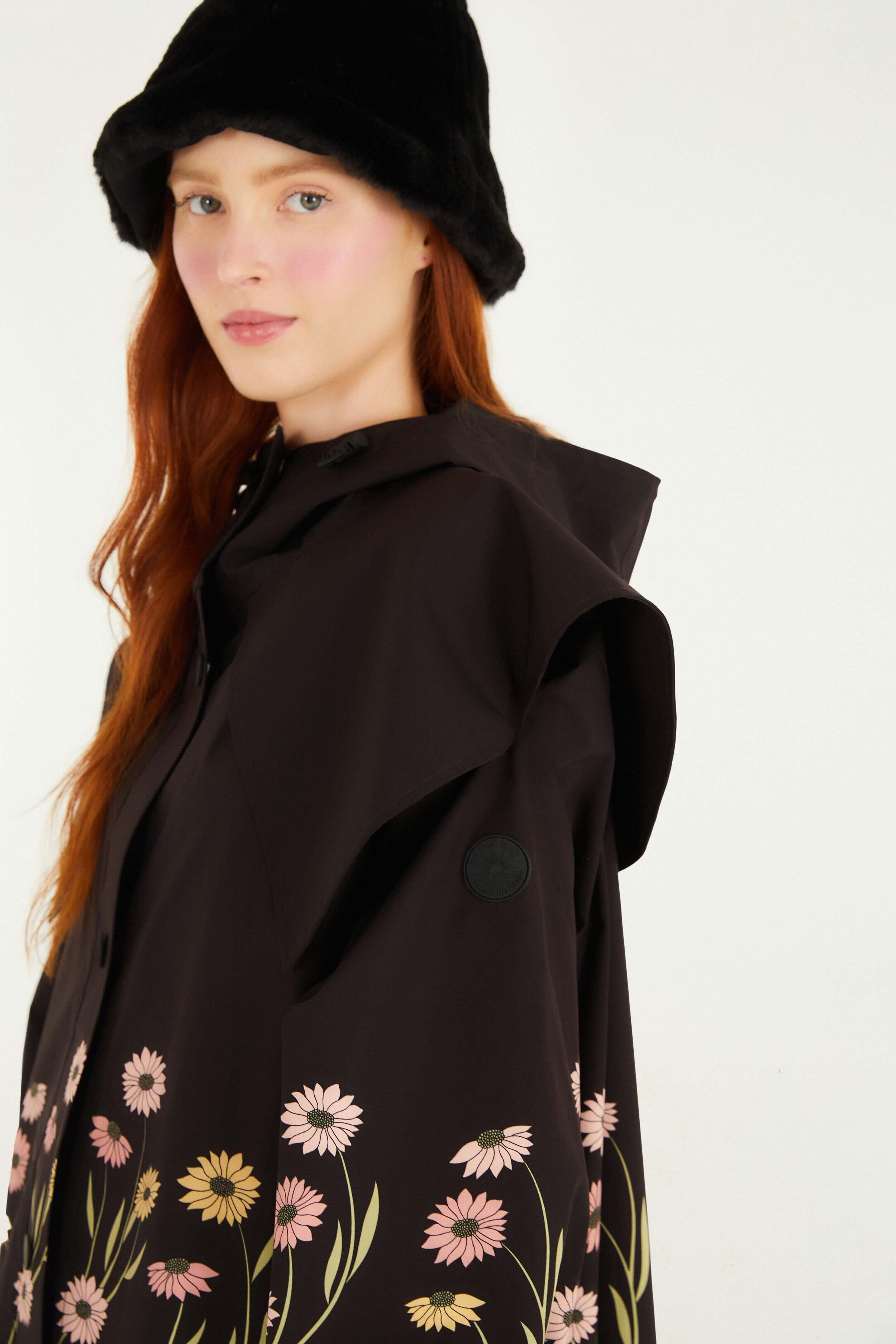 Black Growing Flowers Raincoat - 2