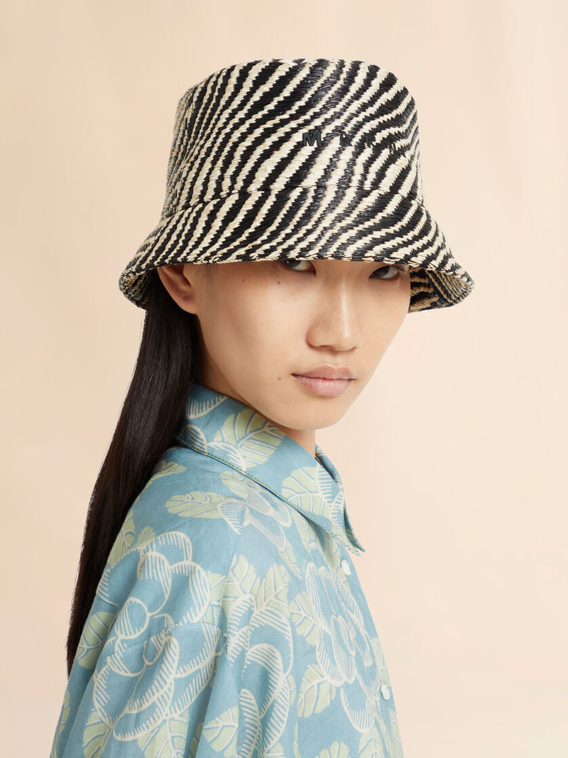 Marni BLACK RAFFIA-EFFECT BUCKET HAT WITH WAVY PATTERN outlook