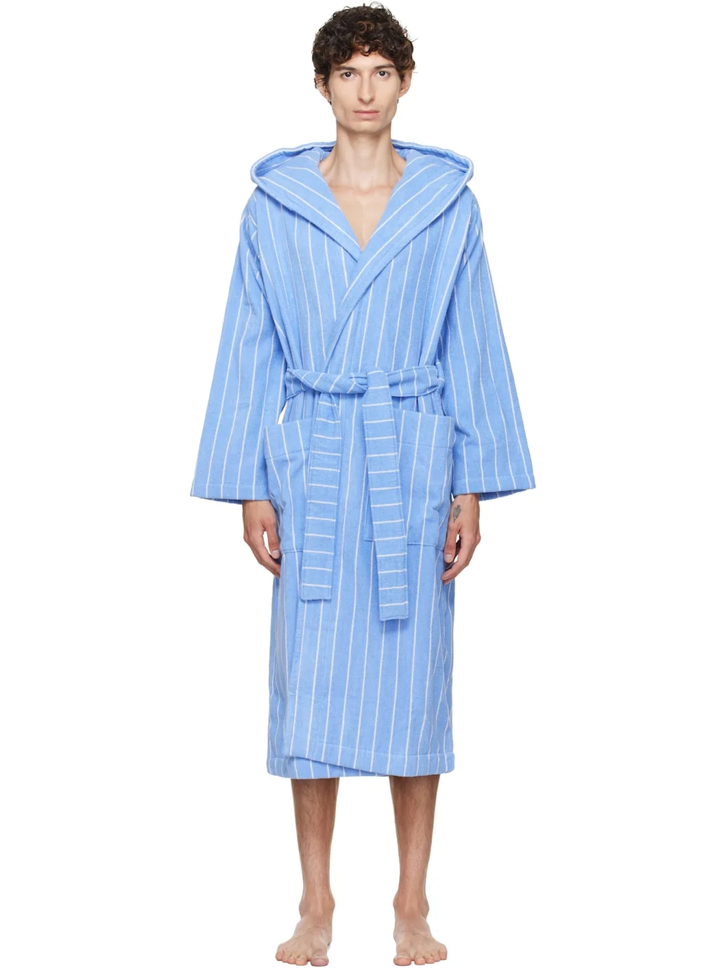 Blue & White Terry Hooded Bathrobe - 1