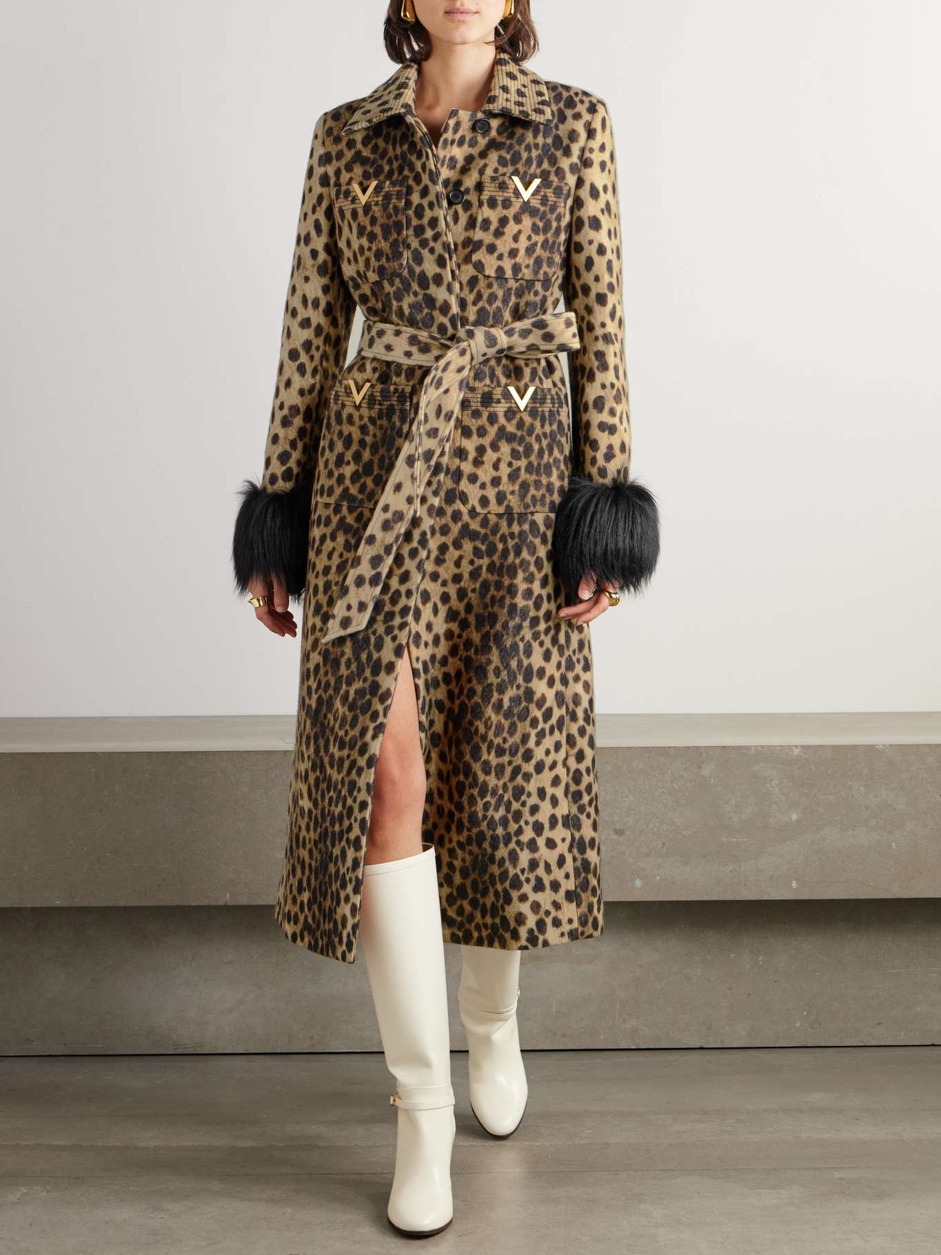 Valentino Belted faux fur-trimmed embellished cheetah-print