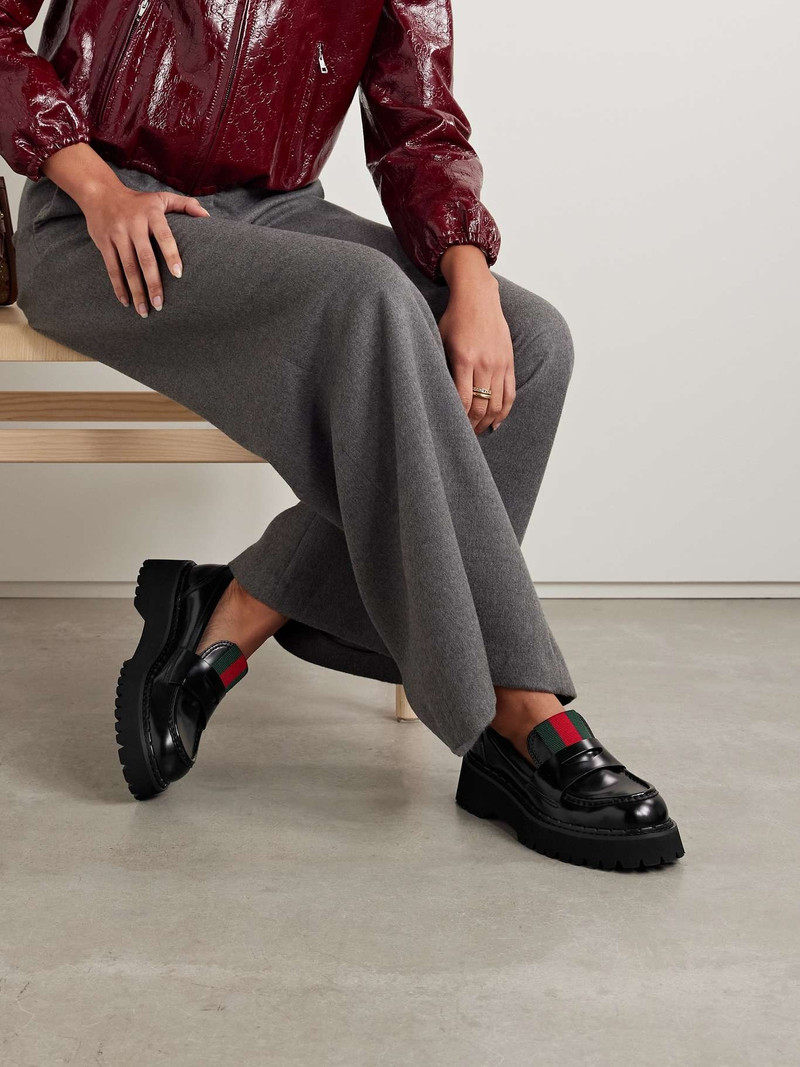GUCCI Thea webbing-trimmed patent-leather loafers outlook