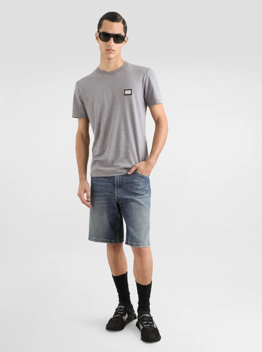 Dolce & Gabbana Men Grey Crewneck T-Shirt With Logo Plaque In Cotton Man - 4