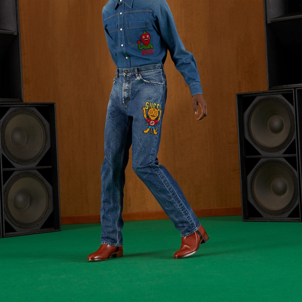 Denim pant with Gucci cat patch - 6