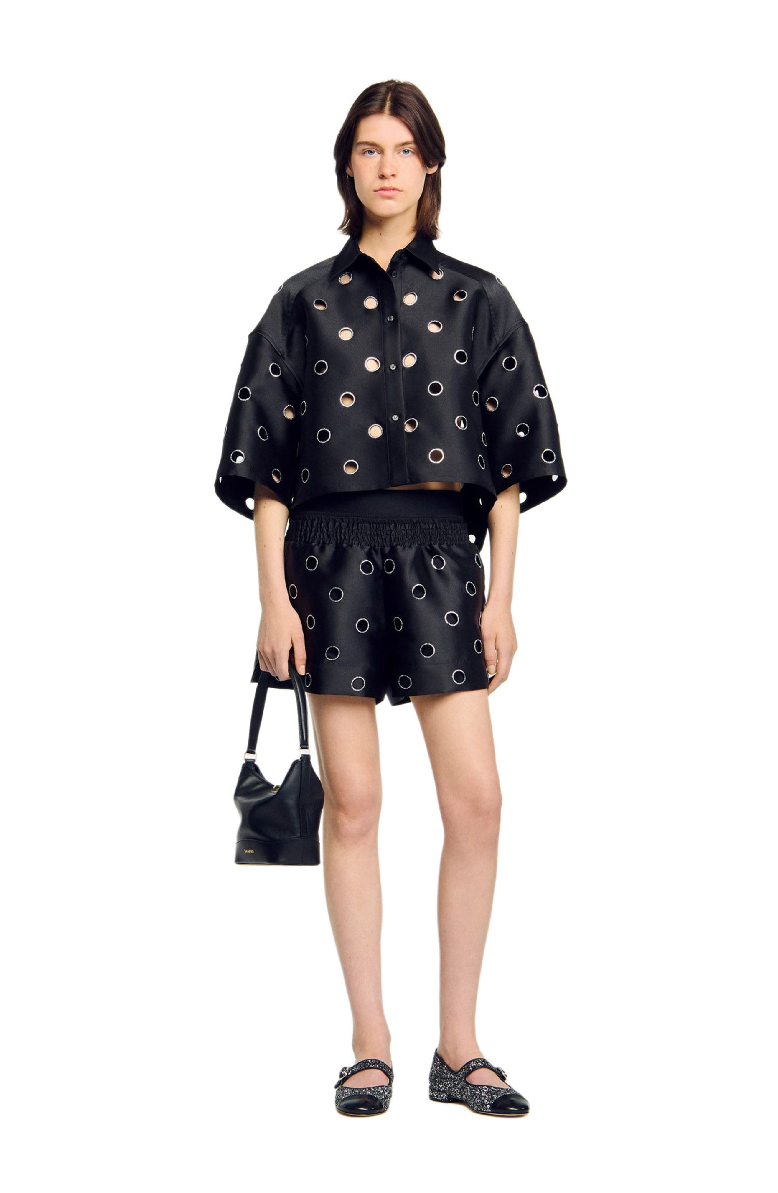 SANDRO Oversized shirt with rhinestones holes in Black at Nordstrom - 6