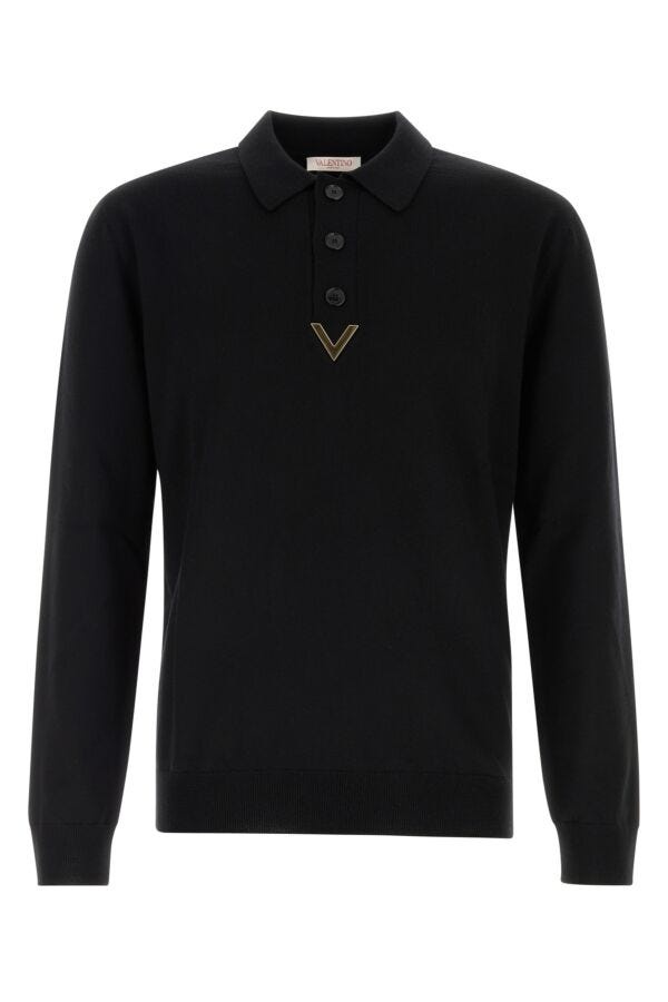 Black wool polo shirt - 1