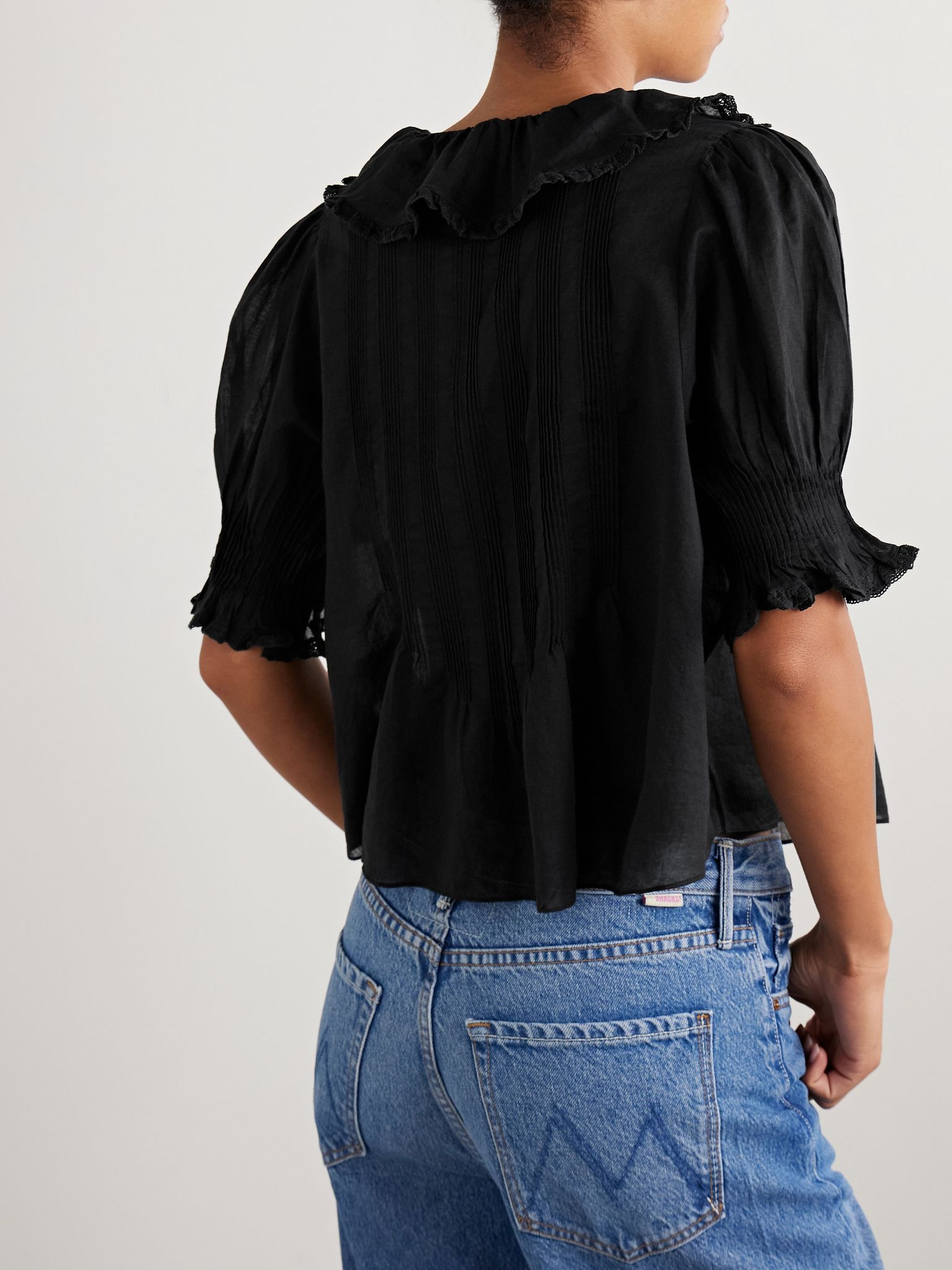 Henri ruffled pintucked organic cotton-voile top Black - 4