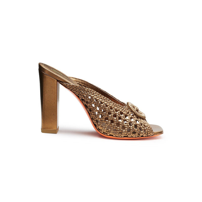 Women's gold woven leather high-heel sandal 1