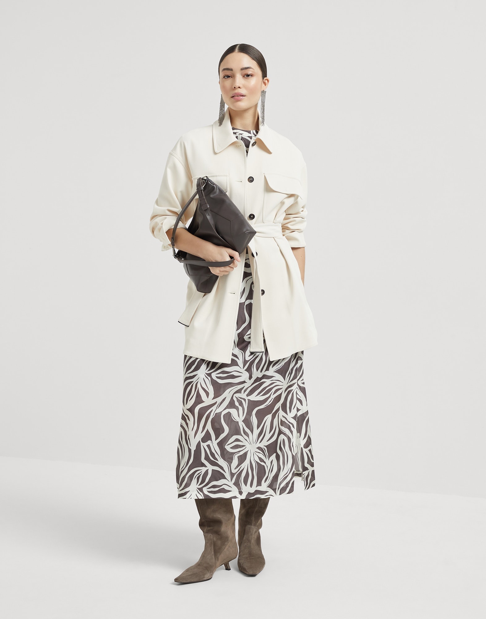 Silk floral print pongée midi T-shirt dress with monili - 5