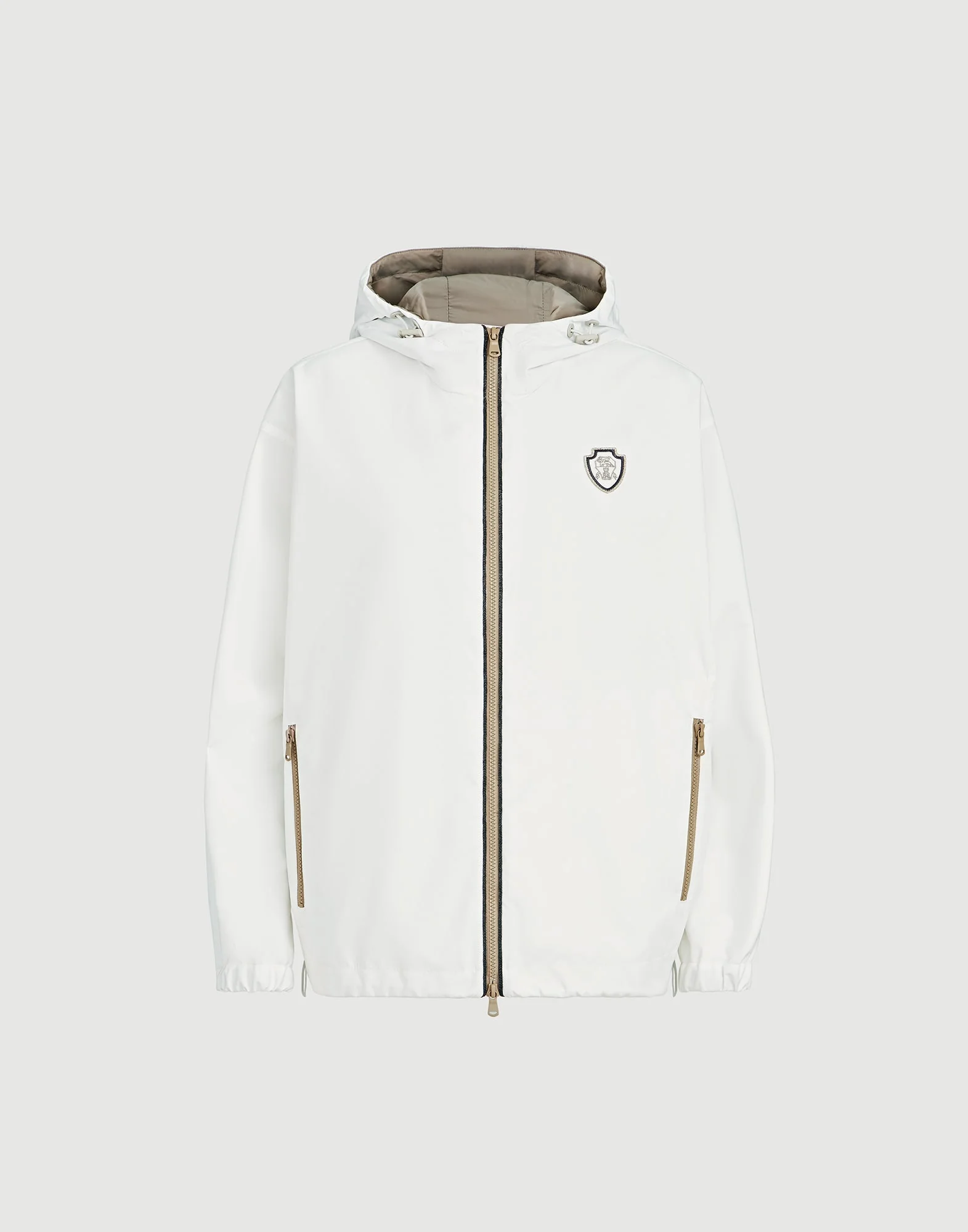 Nylon hooded outerwear jacket with logo and precious trims - 1