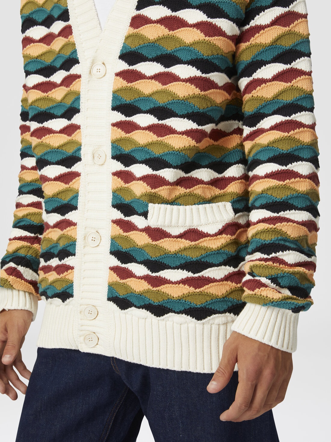 Cotton-blend cardigan with wave pattern and contrasting piping - 5
