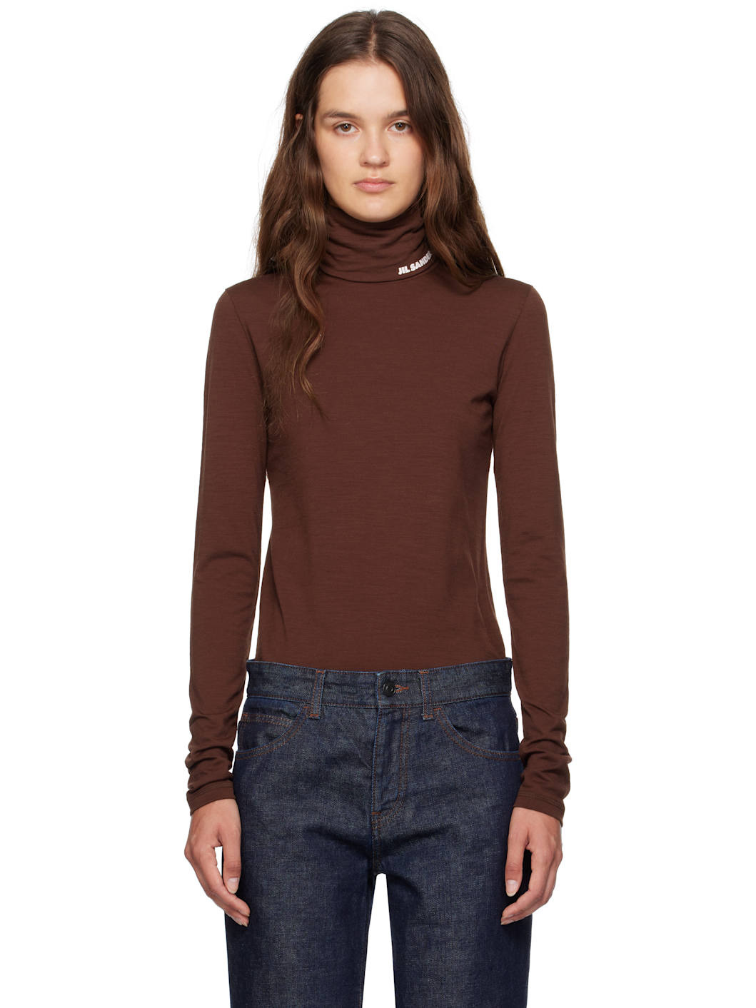 Brown Lightweight Wool Blend High-Neck T-Shirt - 1