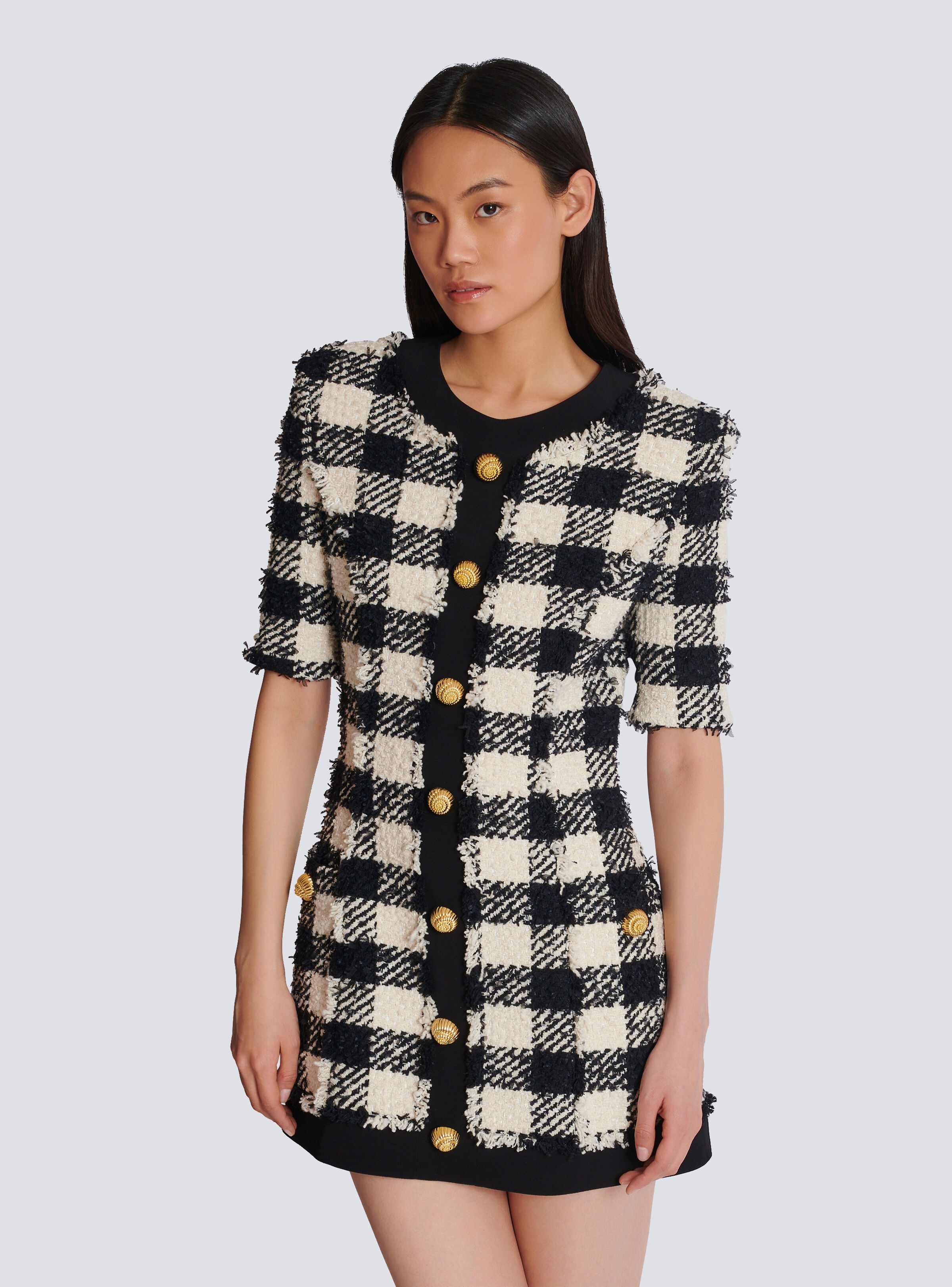 Gingham tweed and crepe dress - 6