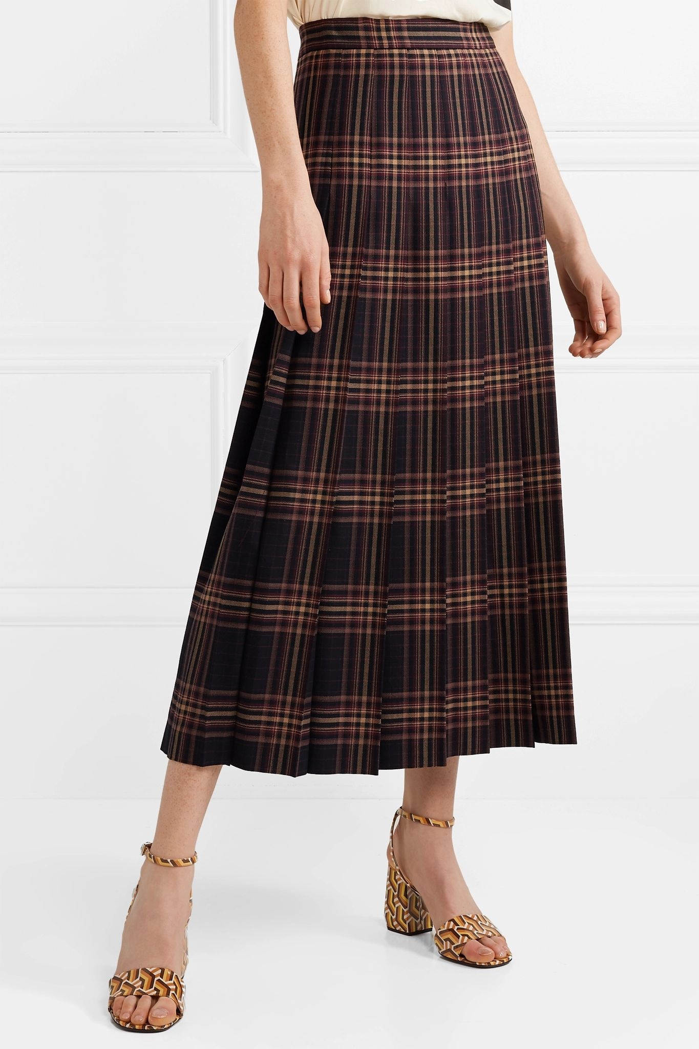 Pleated checked wool-twill midi skirt - 3