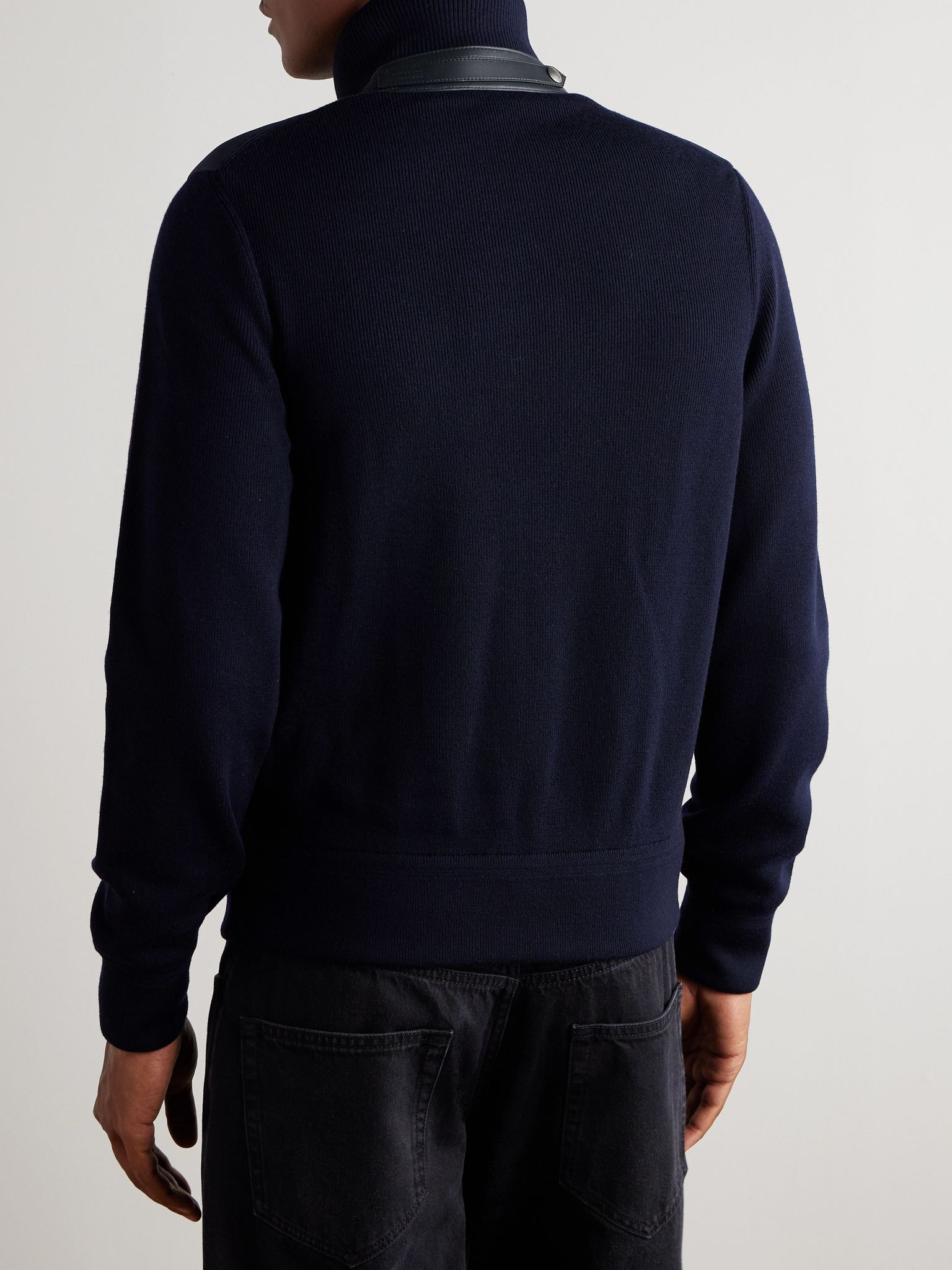 Leather-Trimmed Quilted Shell and Wool Down Jacket Navy - 3