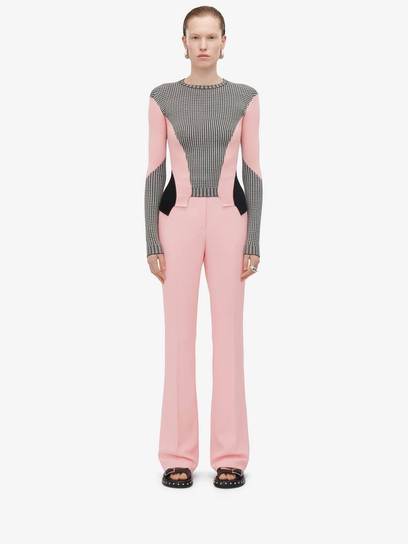 Women's Dogtooth Colour-block Peplum Jumper in Black/white/pink - 3
