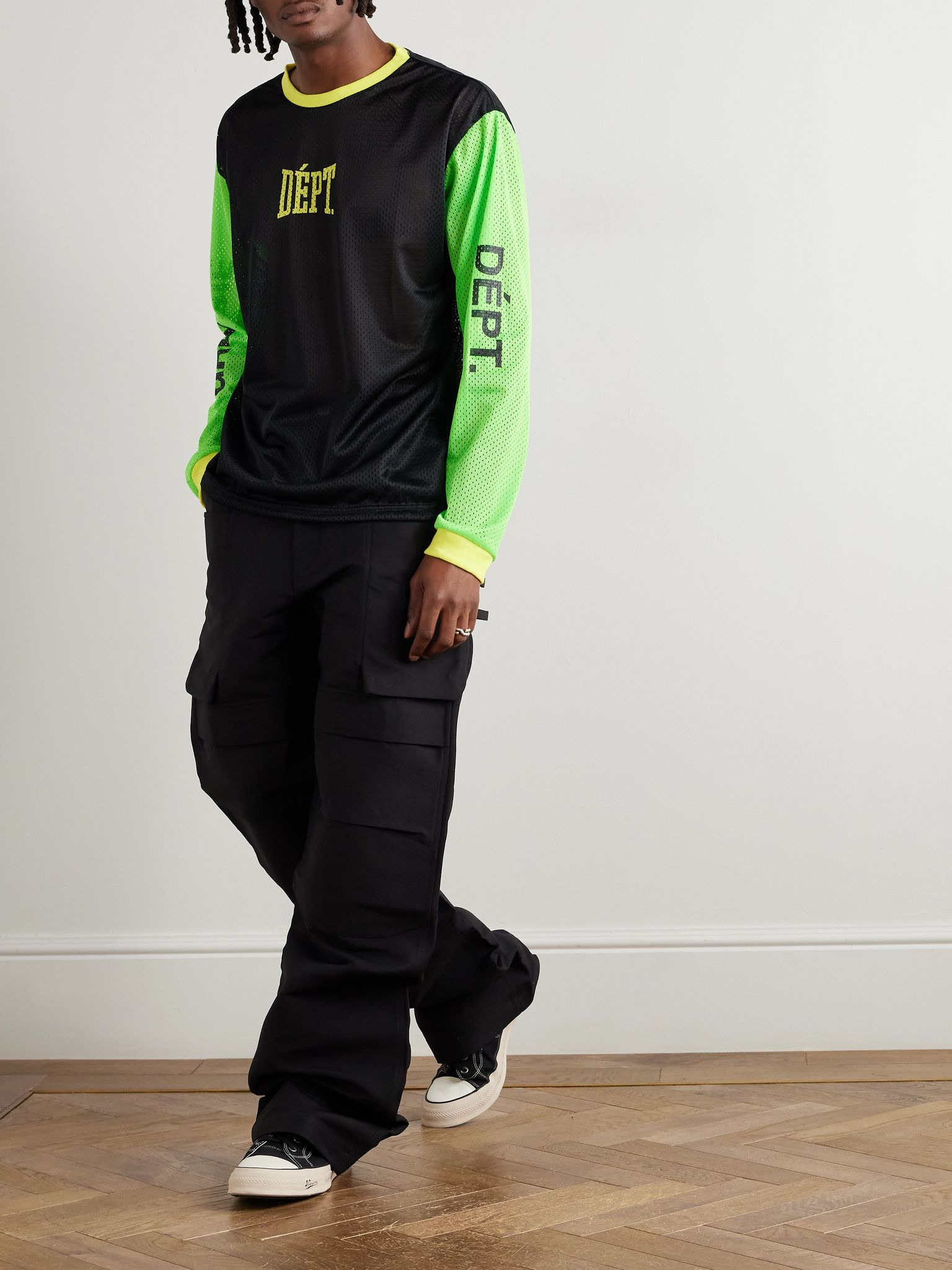 Logo-Print Colour-Block Mesh T-Shirt Green - 2